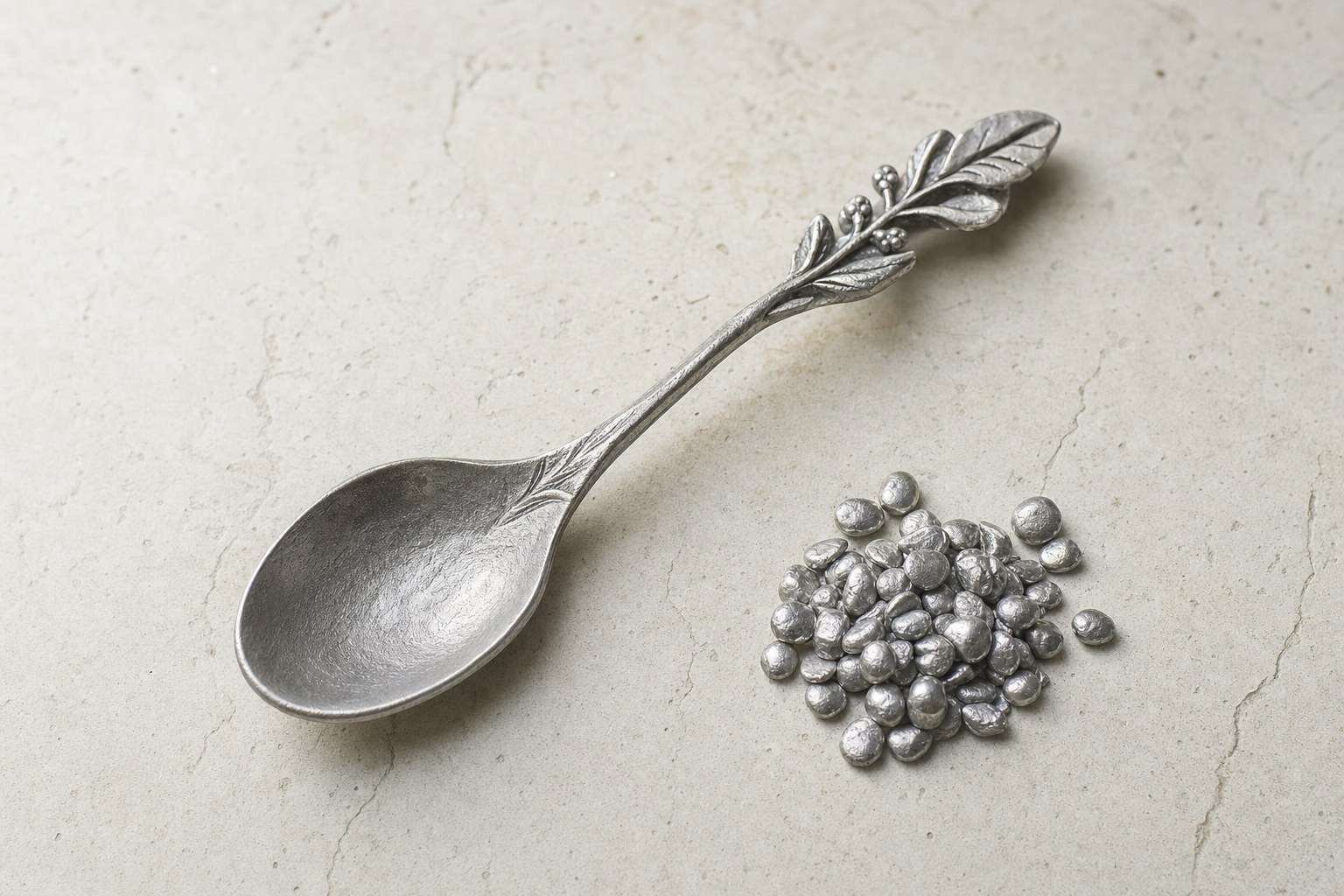 Hand-cast botanical pewter spoon beside tin pellets on pale stone