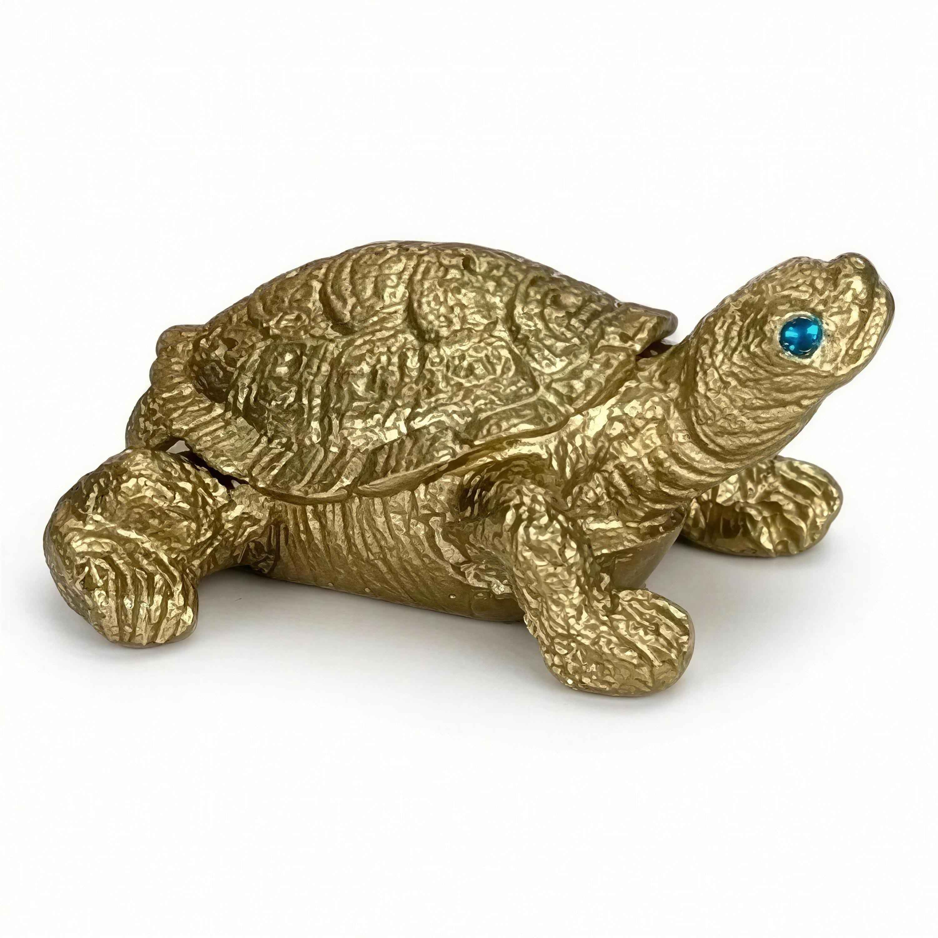 Handmade Pewter Turtle Trinket Box with Blue Topaz Eyes, Ring Holder Storage