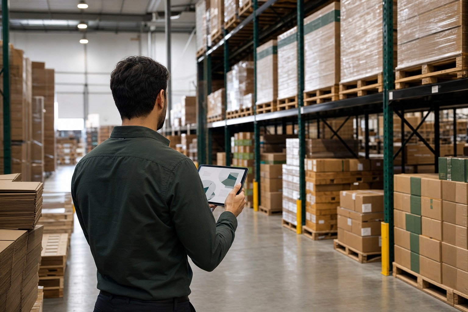 Operations planner reviewing warehouse inventory