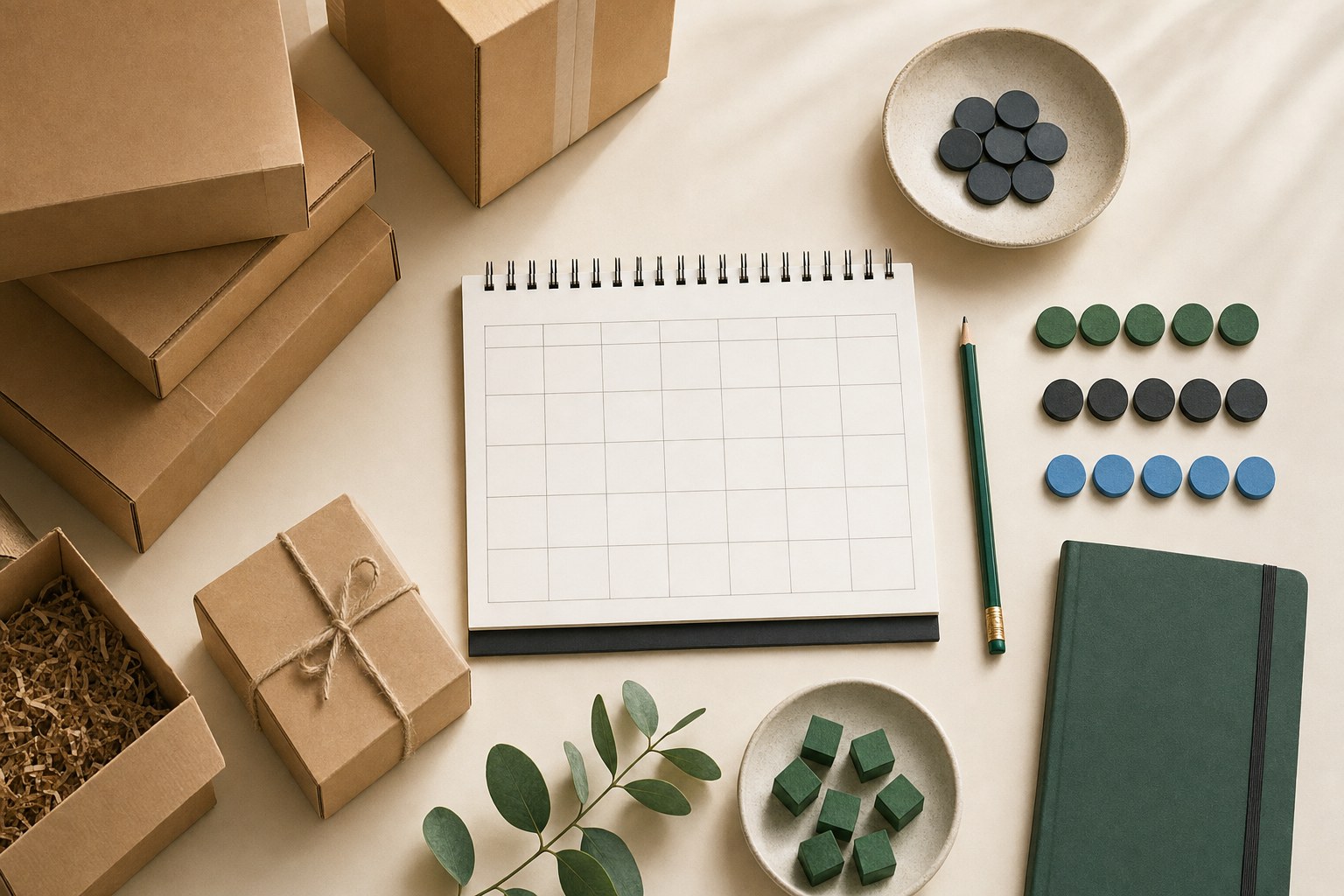 Inventory planning materials with cartons, a calendar, and colored counters