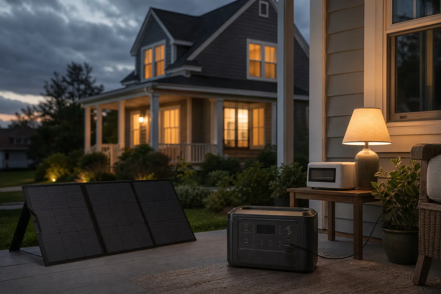 Portable solar generator and backup power gear set up during an outage
