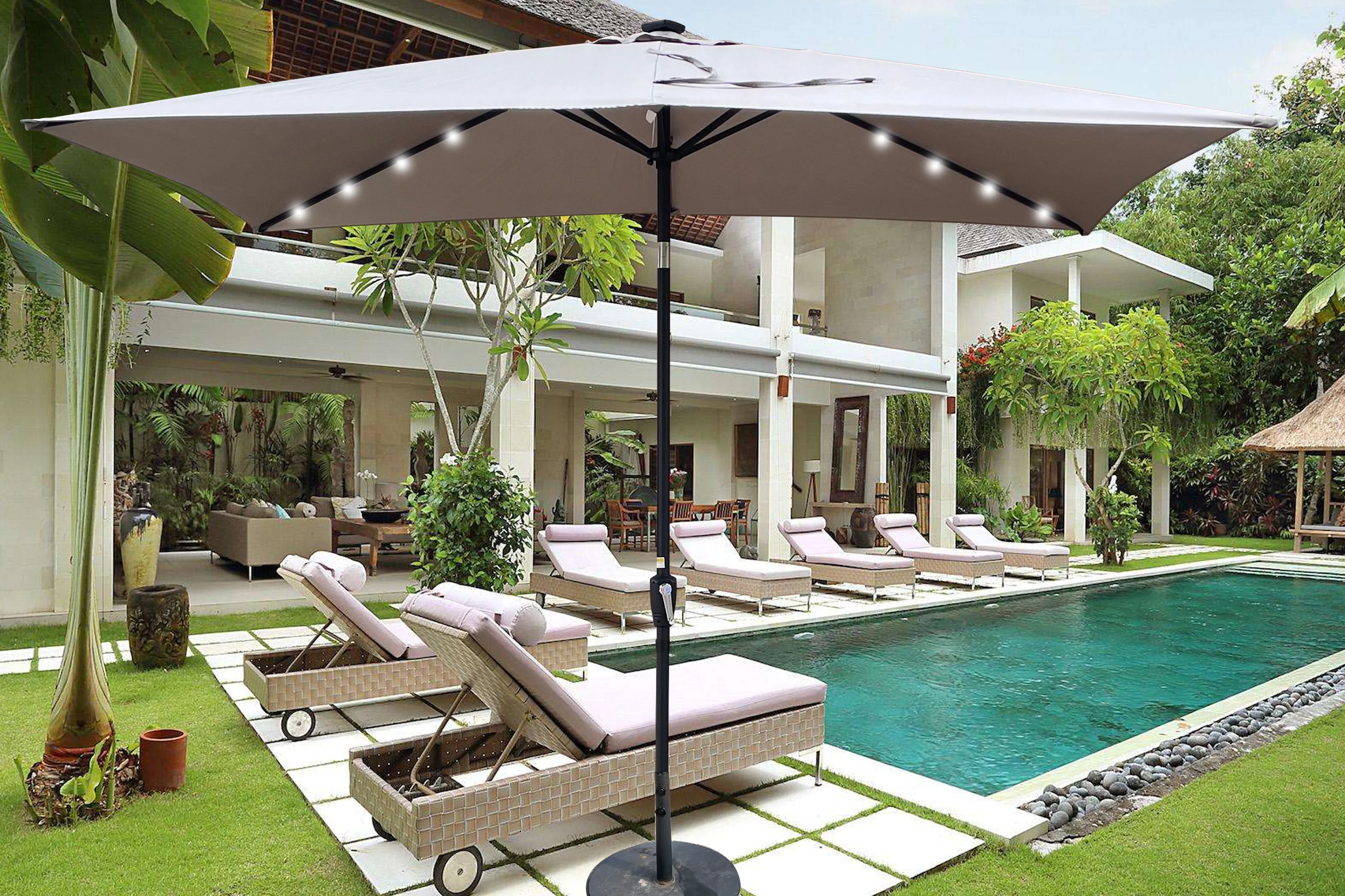 Outsunny: 10ft Rectangular Solar Powered Outdoor Umbrella with 26 LED Lights Adjustable Tilt and Crank Handle: