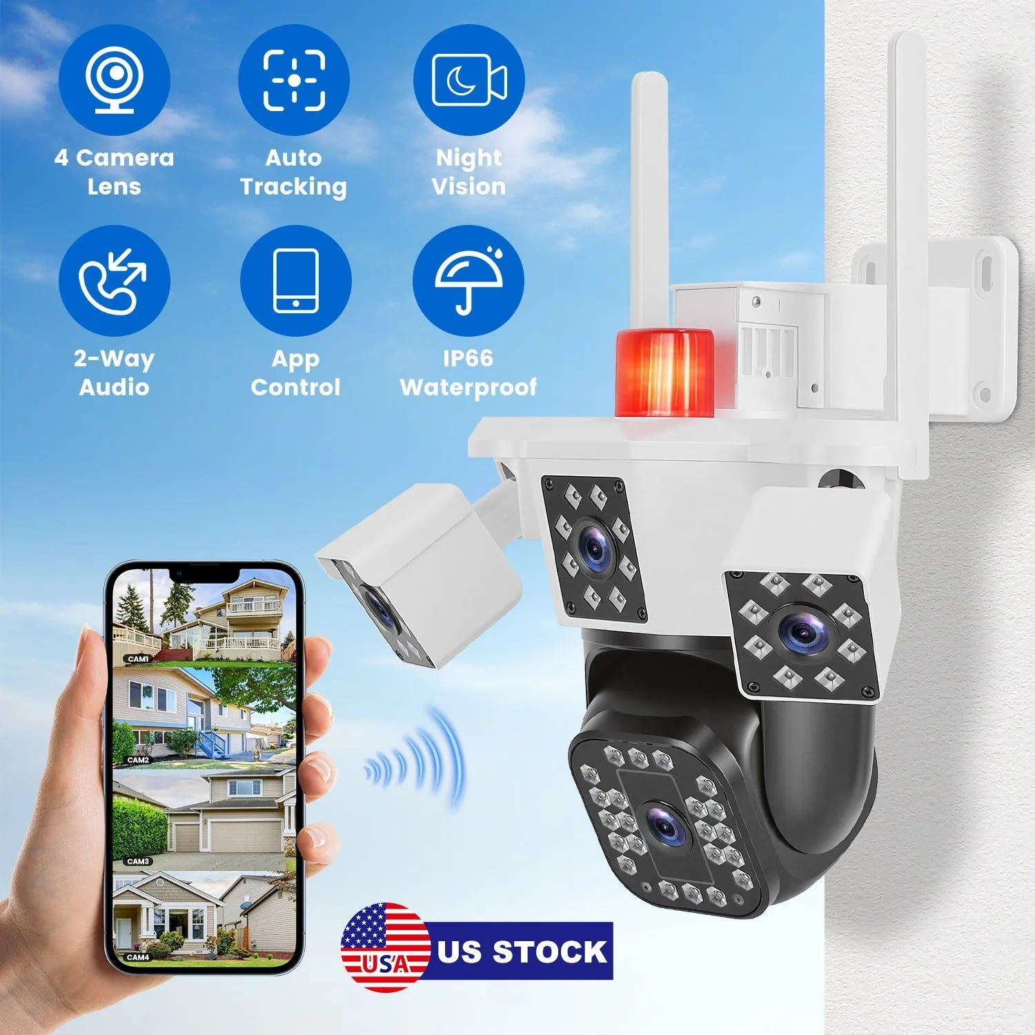 GJB Products: 1080P HD 4-Lens WiFi Security Camera with 360° View,Night Vision,Two-Way Audio and App Control