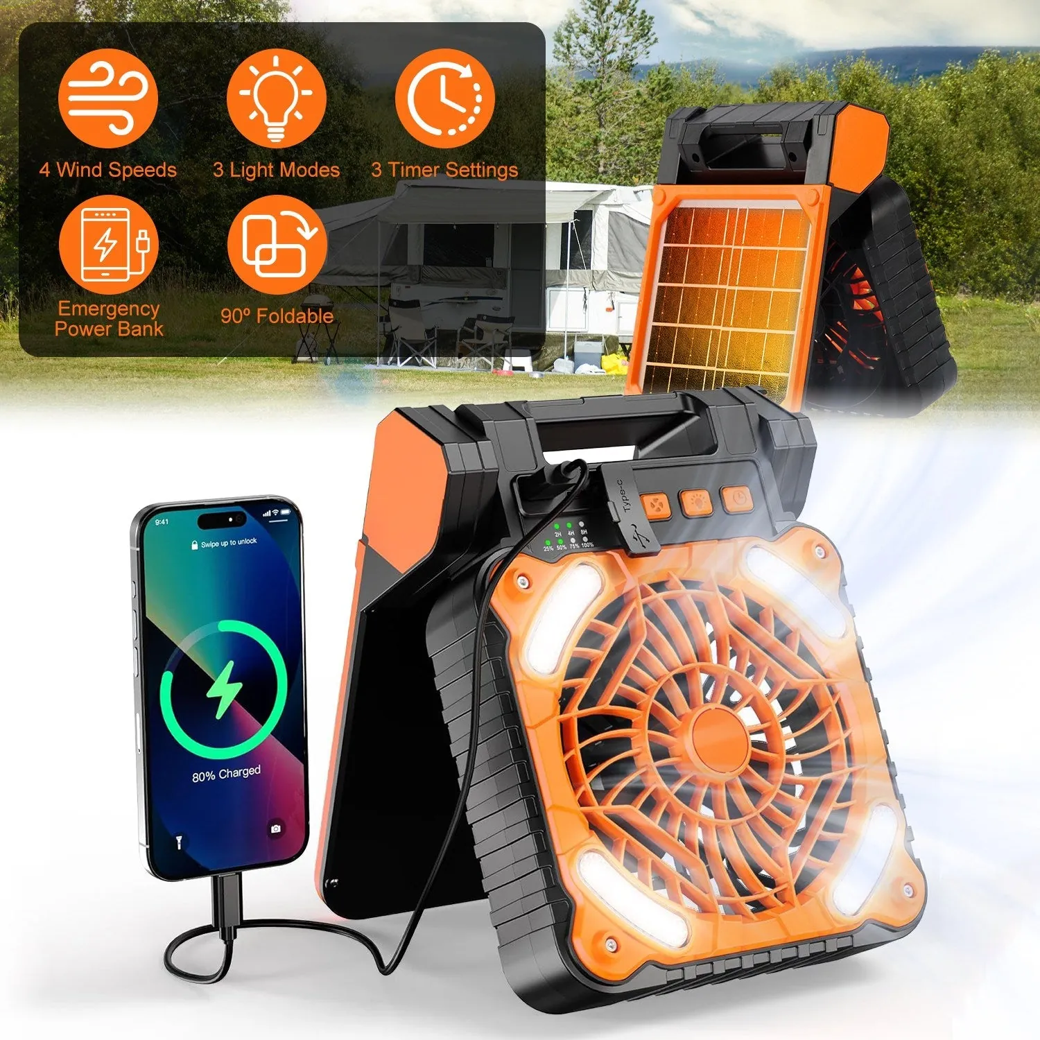 GJB Products: Portable 5V/2A Solar Powered 3-In-1 Camping Fan(4-Speed)with LED Lantern and Emergency Power Bank