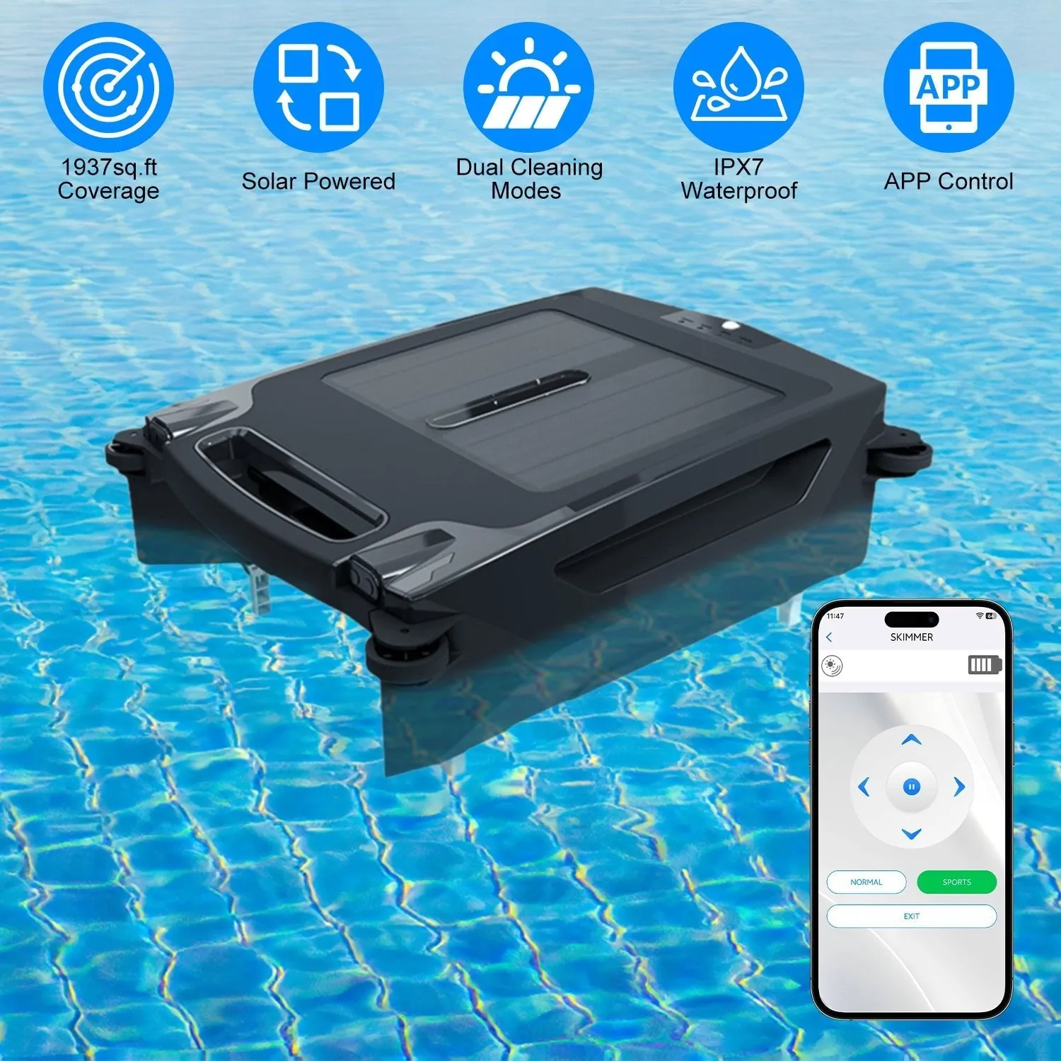 TCHUT: Solar Powered Robotic Pool Skimmer Automatic Swimming Pool Surface Cleaner With 2 Cleaning Modes Dual Charging Methods IPX7 Waterproof 1937sq.ft Coverage with APP Control