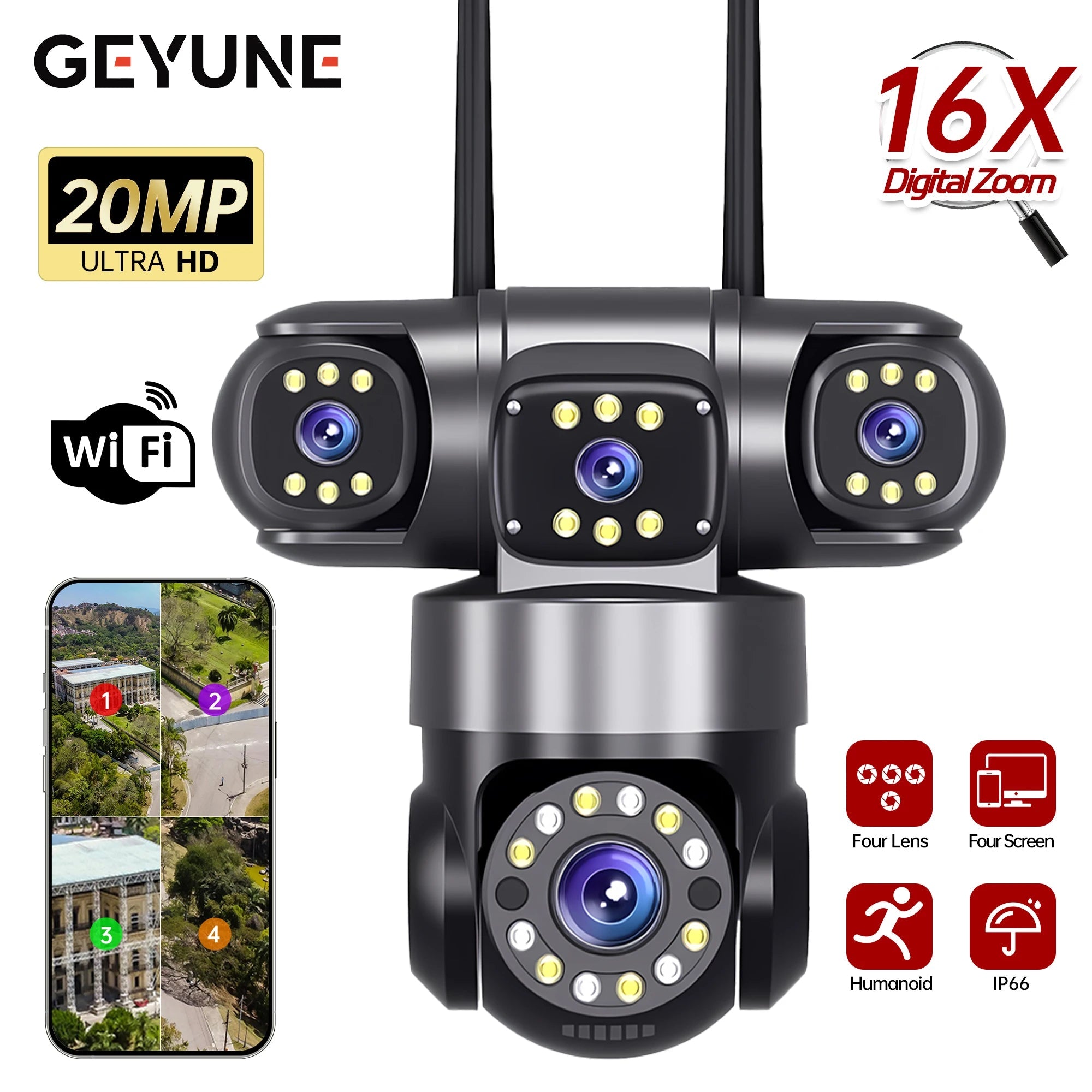 GEYUNE: 20MP WiFi Security Camera 4 Lens 16X Zoom 360° Rotation Auto Tracking