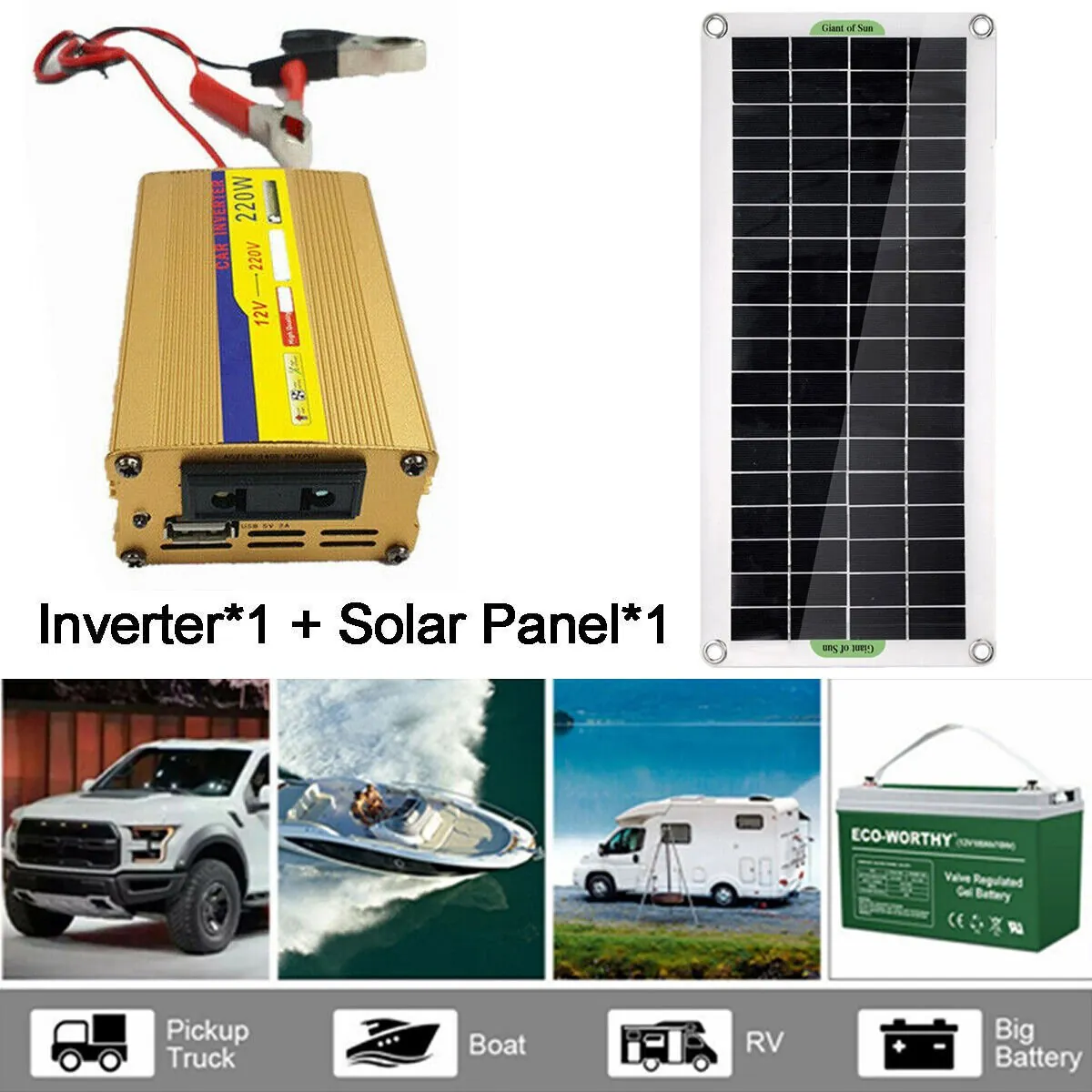 GJB Products: 220W-Inverter 100W-Solar Panel Kit USB Battery Charger Convert AC,DC