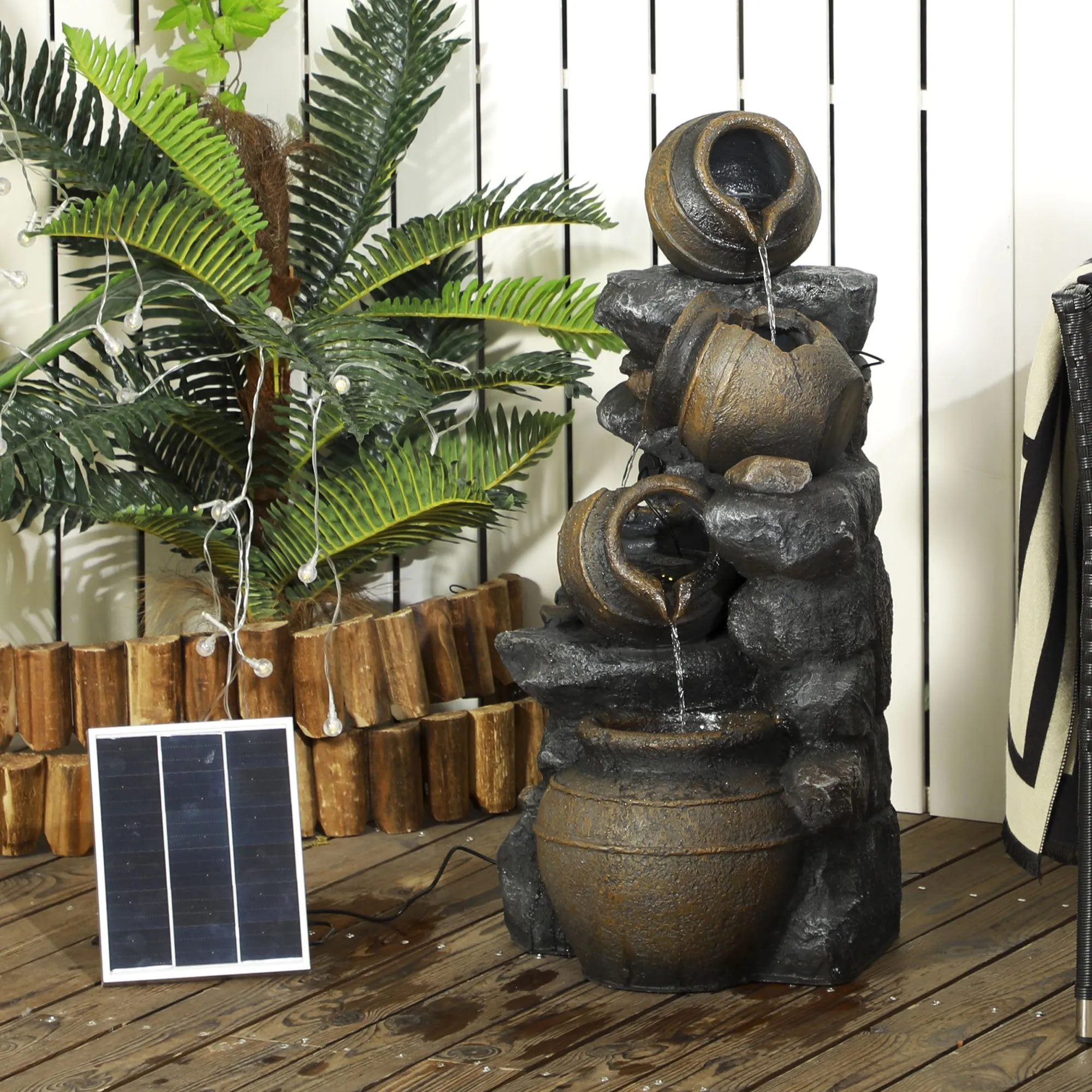 AOSOM: 28" Solar Powered Water Fountain, 4-Tier Resin Cascading Jars and Stacked Stones Outdoor Waterfall Fountain with LED Lights