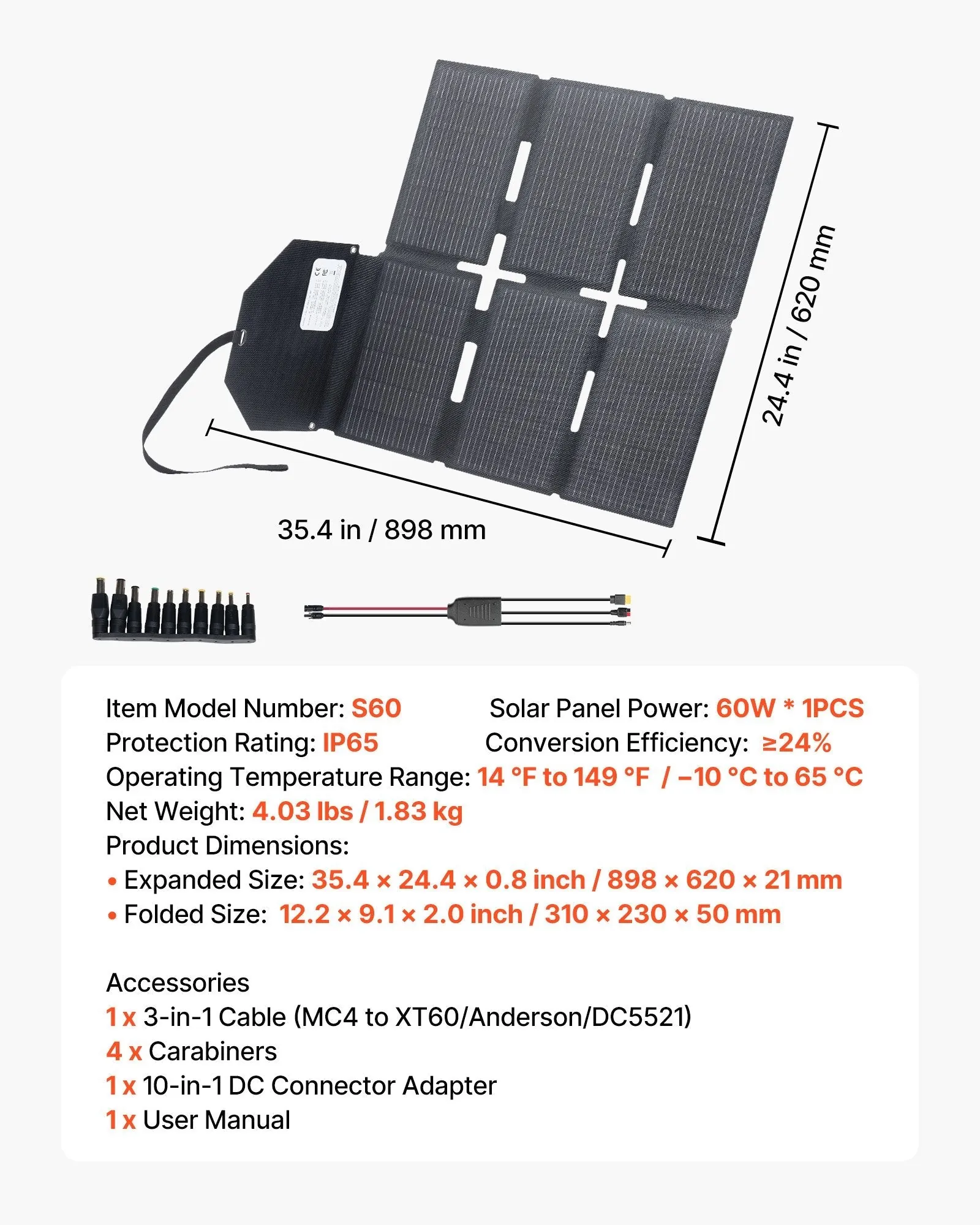 VEVOR: 60W Lightweight Portable & Foldable Solar Panel Charger, 16BB N-Type Monocrystalline Solar Panel 24% Efficiency  With MC4 Output, Type-C, USB-A & DC Ports For Power Stations