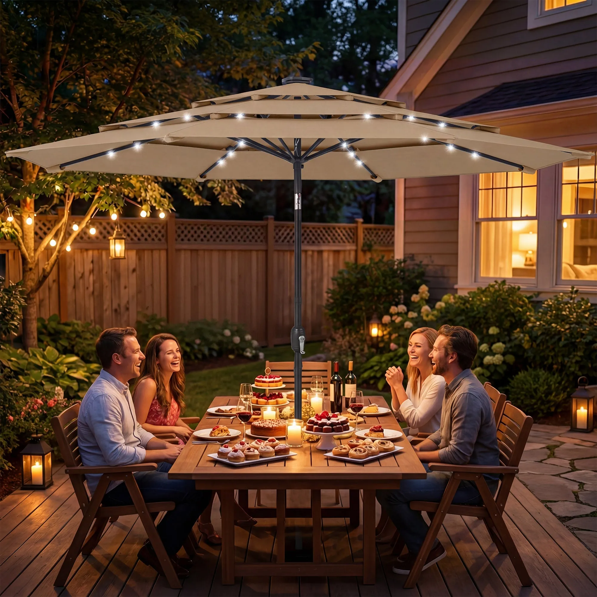 Outsunny: 3-Tier (Khaki) Outdoor Patio Umbrella with Solar Powered LED Lights w/ Tilt and Hand Crank