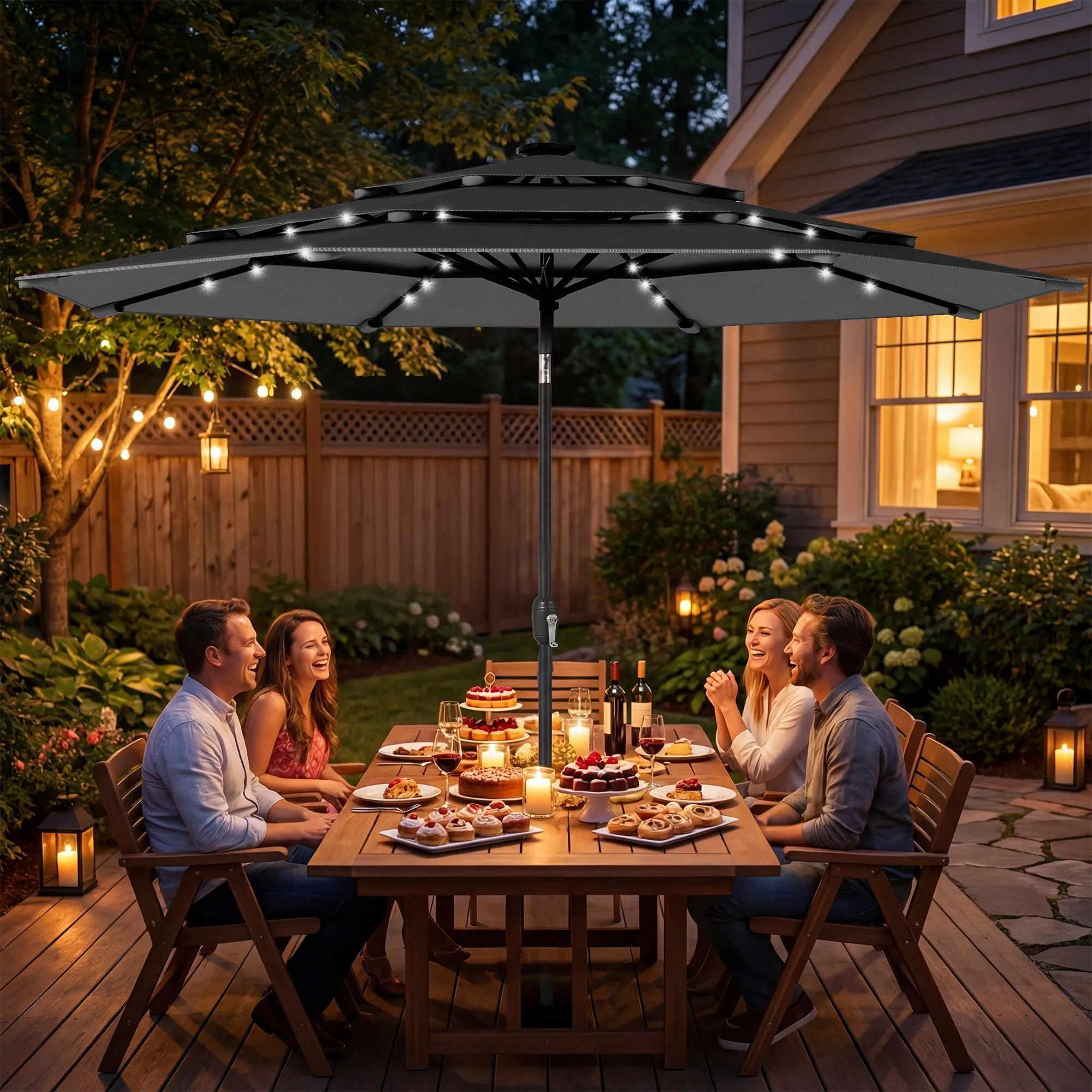 Outsunny: 9.7ft (Black) 3 Tier Patio Umbrella with Solar Powered LED Lights w/Tilt & Hand Crank