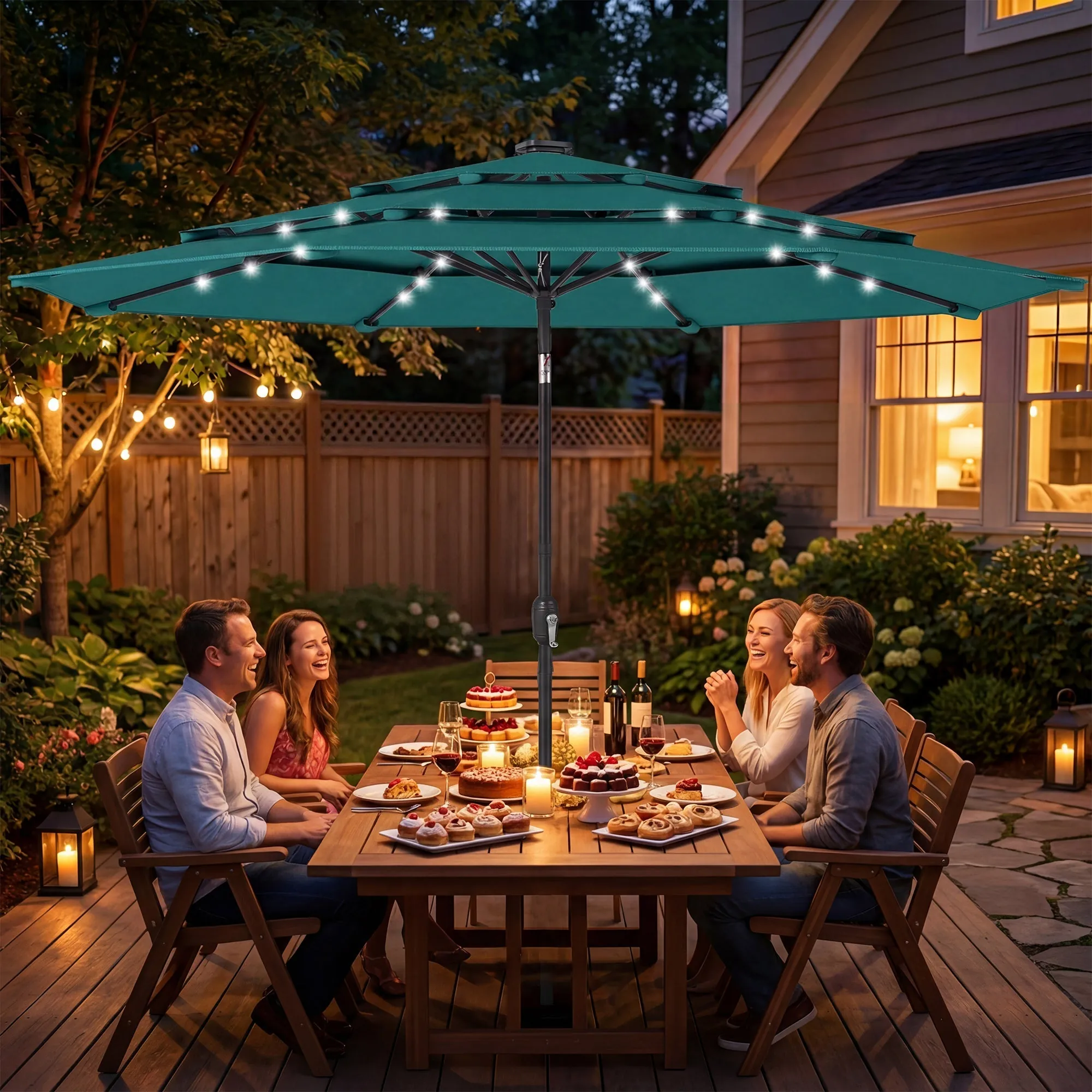 Outsunny: 3 Tier(Teal) Solar Powered Patio Umbrella with 32-LED Lights with Hand Crank and Tilt
