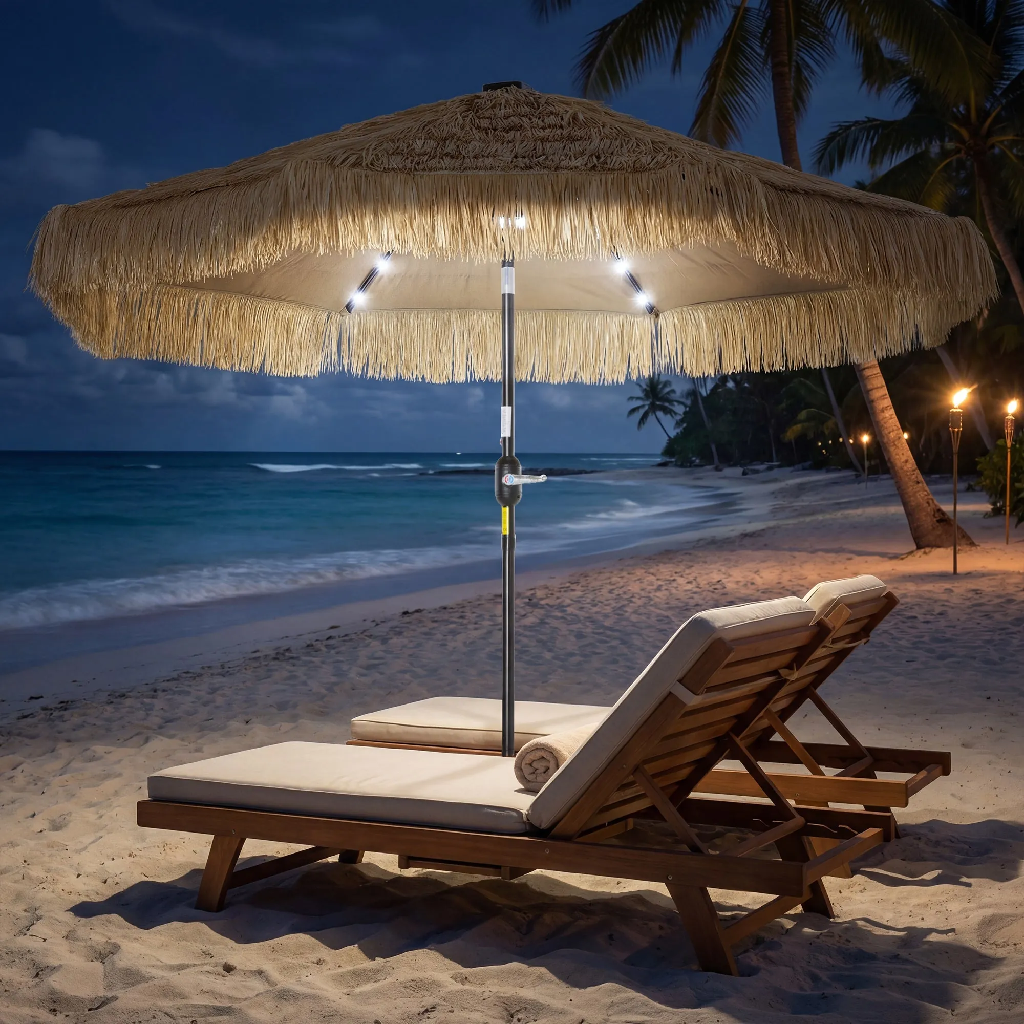Outsunny: 9 ft (Khaki) Vented Air Straw Tasseled Hula Patio Umbrella with LED Solar Lights Plus Hand Crank and Tilt