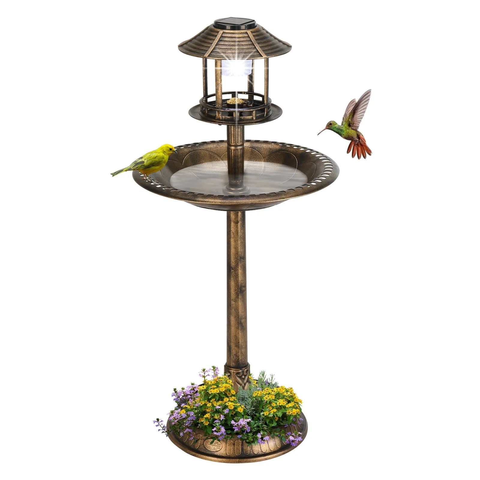 GJB Products: Bronze 15c20x42” Birdbath and Solar Powered LED Light with Fillable Base