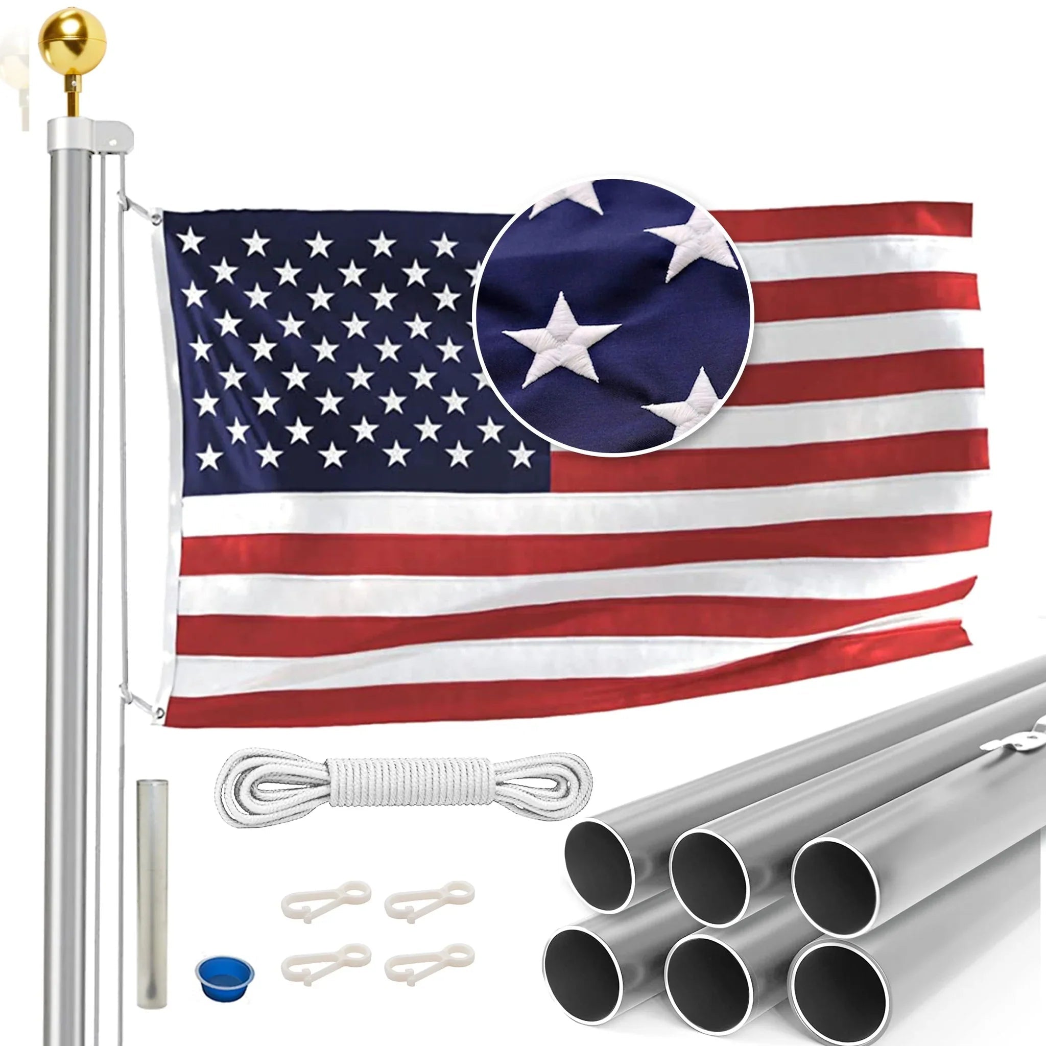 EZ Pole: Made In the USA 21’/25’/30’ Flagpole Kits•Nylon American Flag•Aluminum Pole•5 Year Warranty