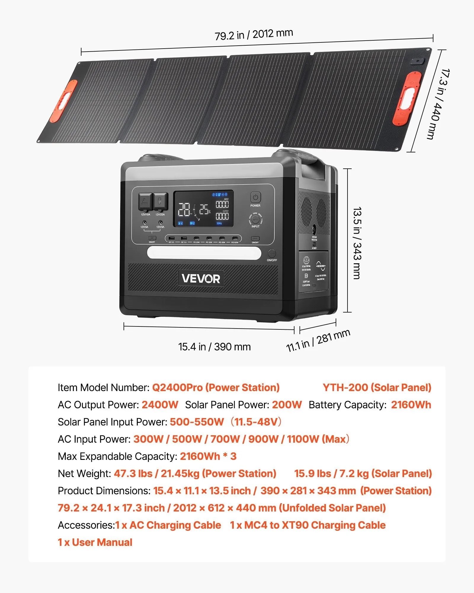 VEVOR: 2400W Portable Solar Powered Generator With 200W Foldable Solar Panel• 2160Wh Expandable LiFePO4 Battery Backup•10 Output Ports & Adjustable Input Power•Home or Office-Grid use