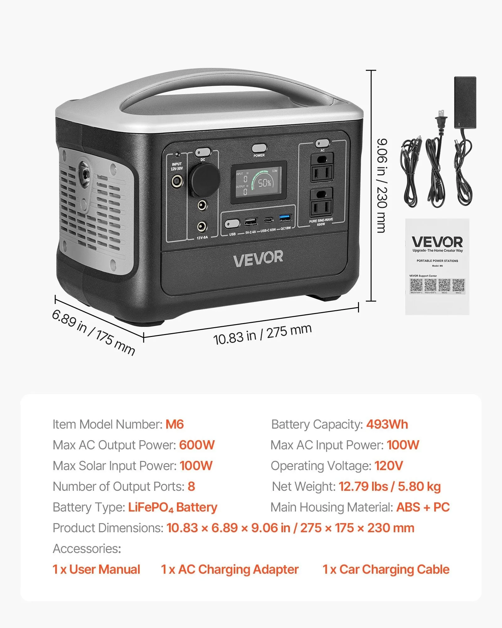 VEVOR: Portable Power Station, 600W Solar Generator Power Station, 493Wh LiFePO4 Battery Backup With 8 Output Ports  (Solar Panel NOT Included)
