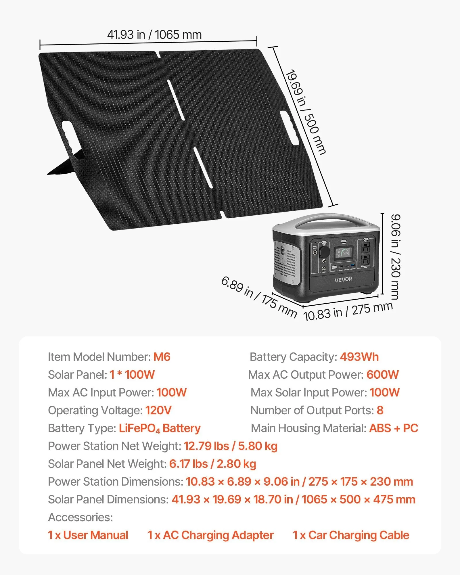 Vevor: Portable Power Station With 100W Solar Panel, 600W Solar Generator Power Station, 493Wh LiFePO4 Battery Backup With 8 Output Ports