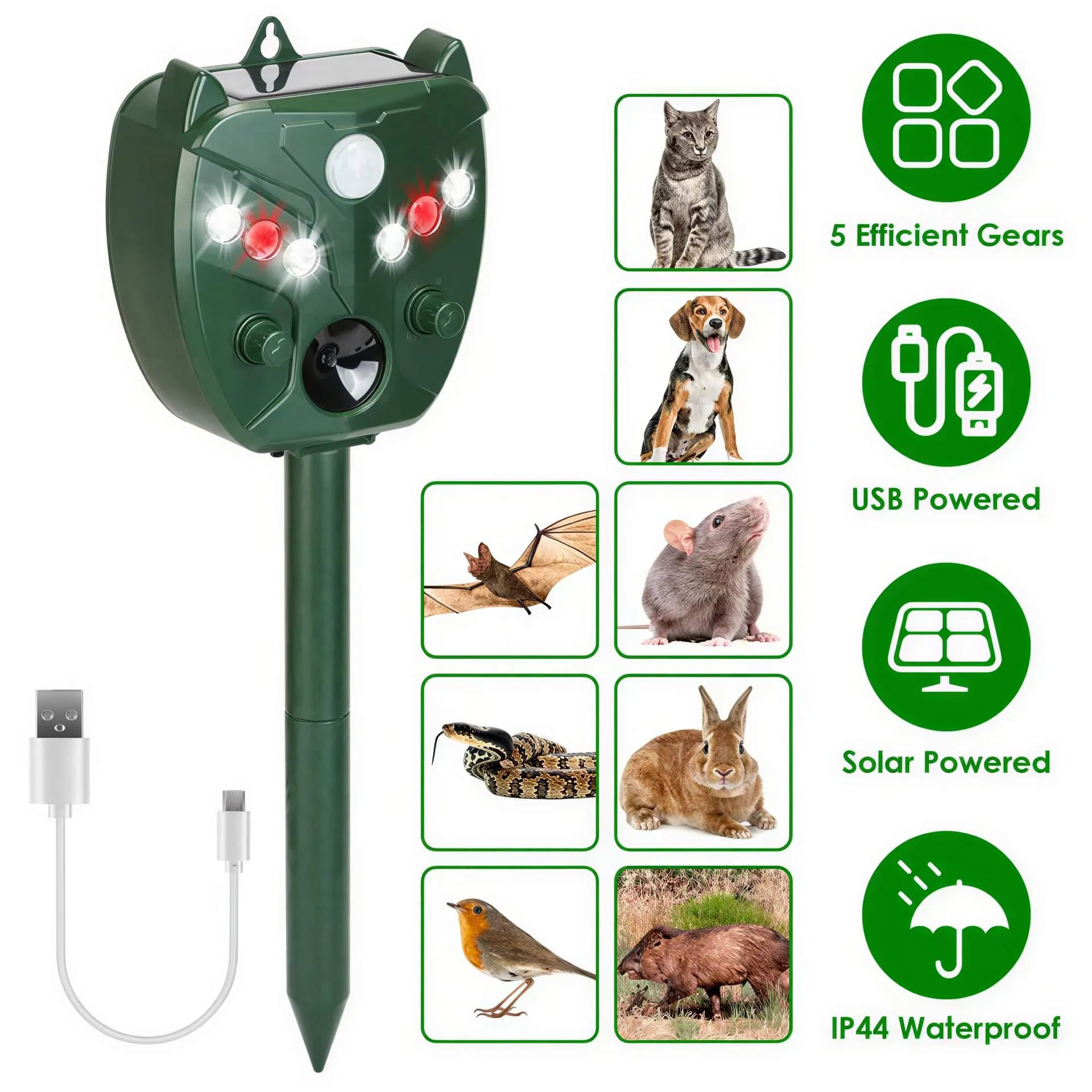 GJB Products: 5 Gear Wide Range Ultrasonic Solar Animal Repellent Light