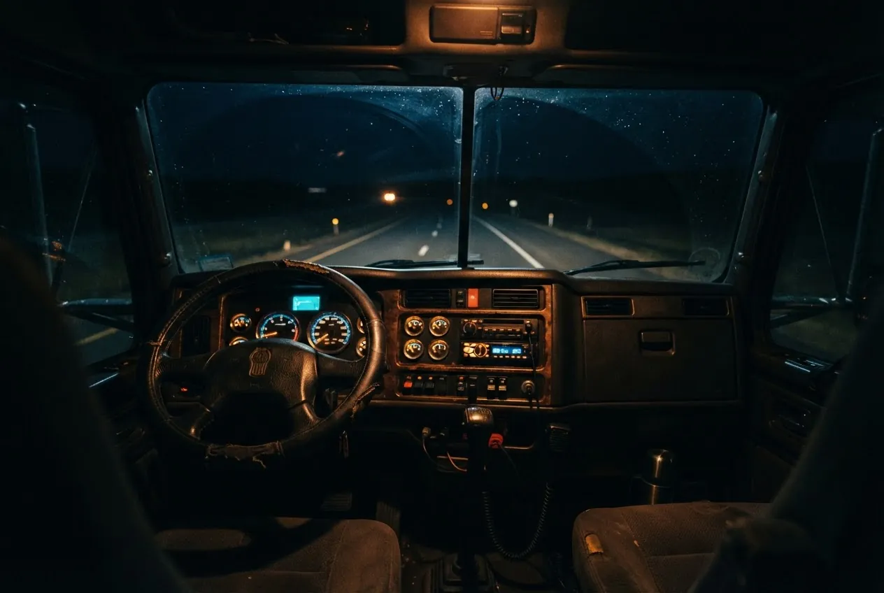 Night road seen from a truck cab