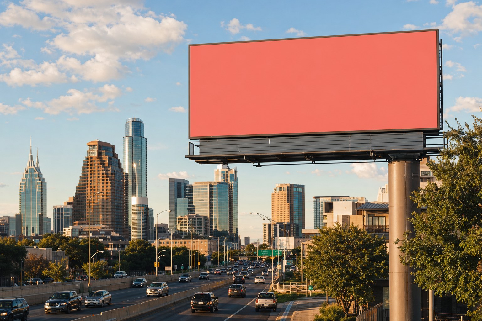 Illustrative digital billboard above a city boulevard