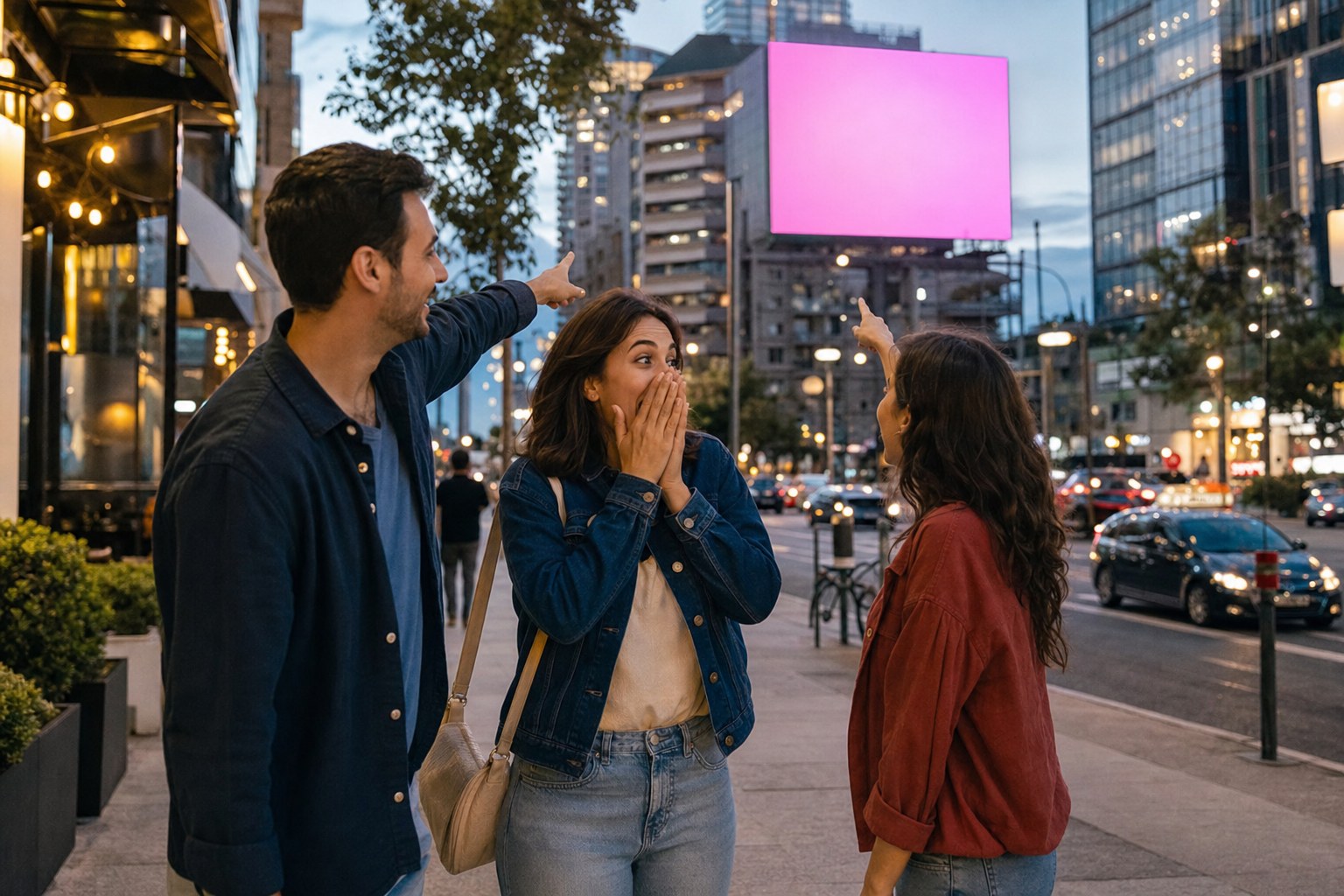 Friends revealing a birthday surprise beside a digital billboard