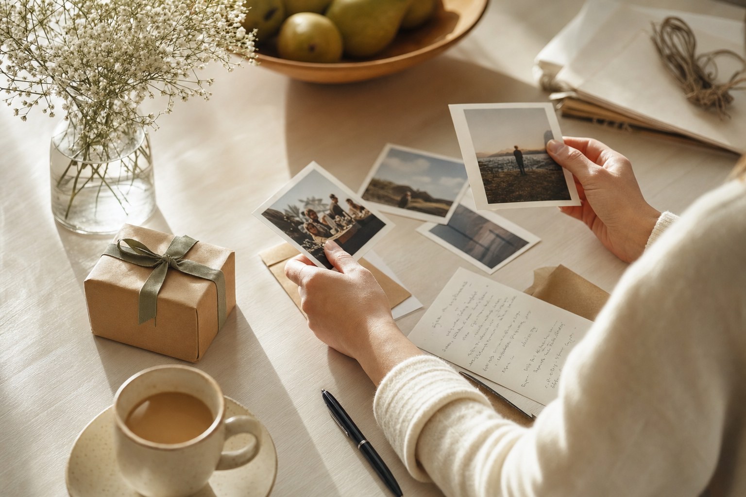 Printed photos and a wrapped gift on a table