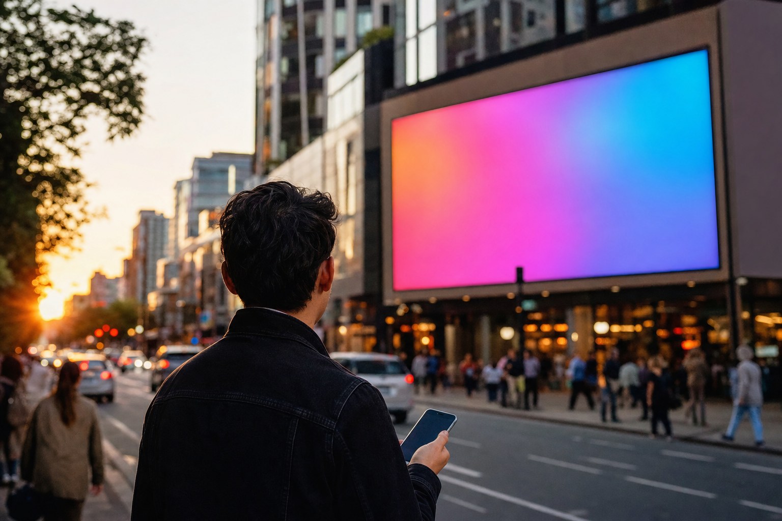 Person walking toward a colorful blank digital billboard at sunset