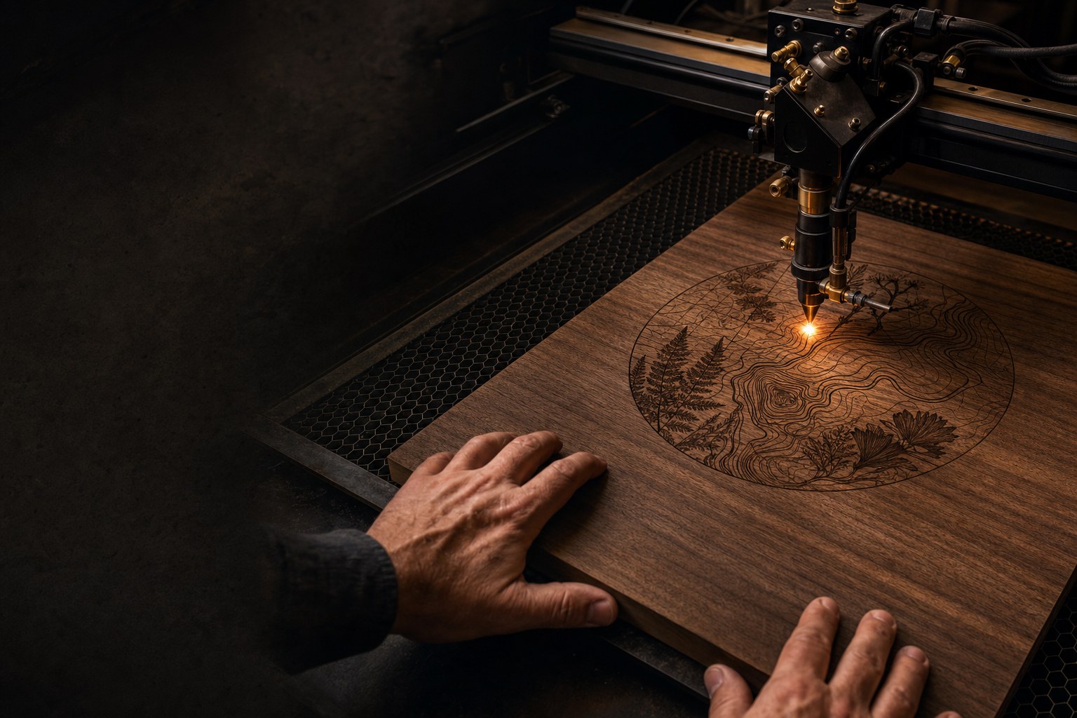 Laser engraving a detailed circular design into walnut wood
