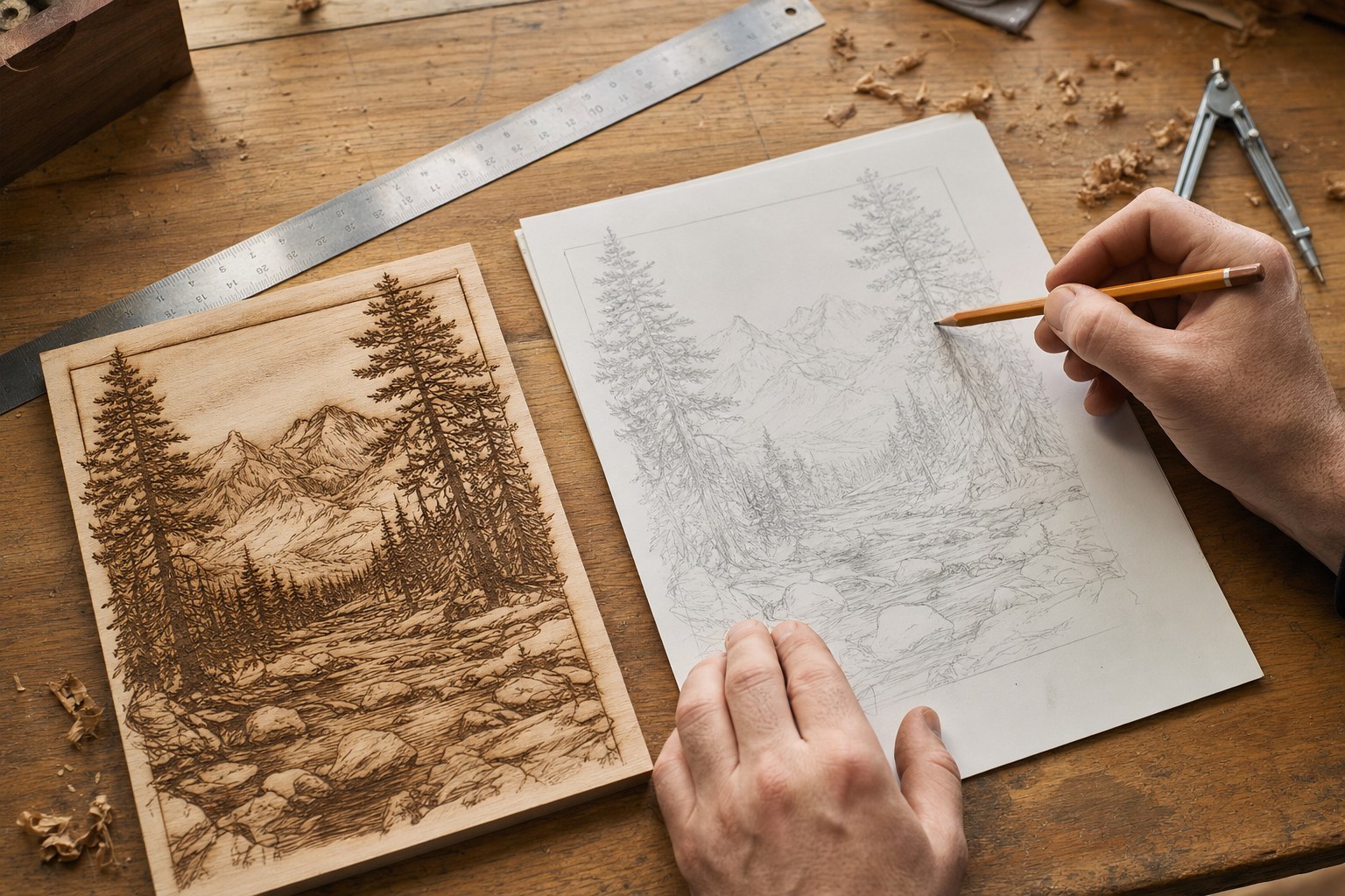 Hands refining a custom engraving sketch at a workshop bench