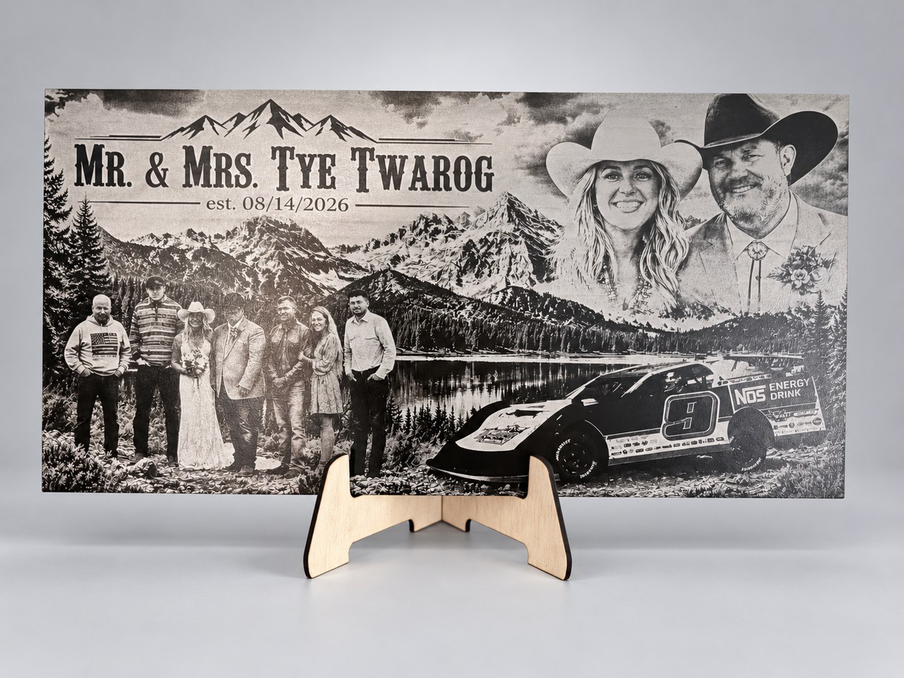 Custom engraved wedding gift with family and race car artwork