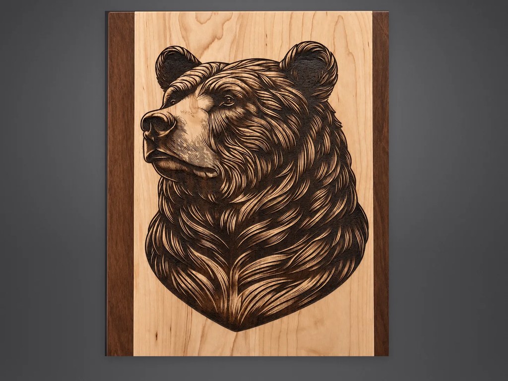 Detailed bear engraving on a wood plaque