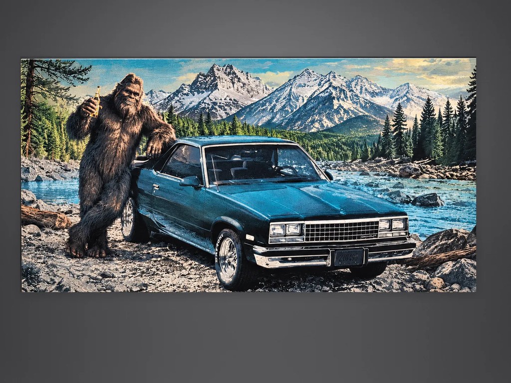 Bigfoot and El Camino engraving on a decorative wood panel