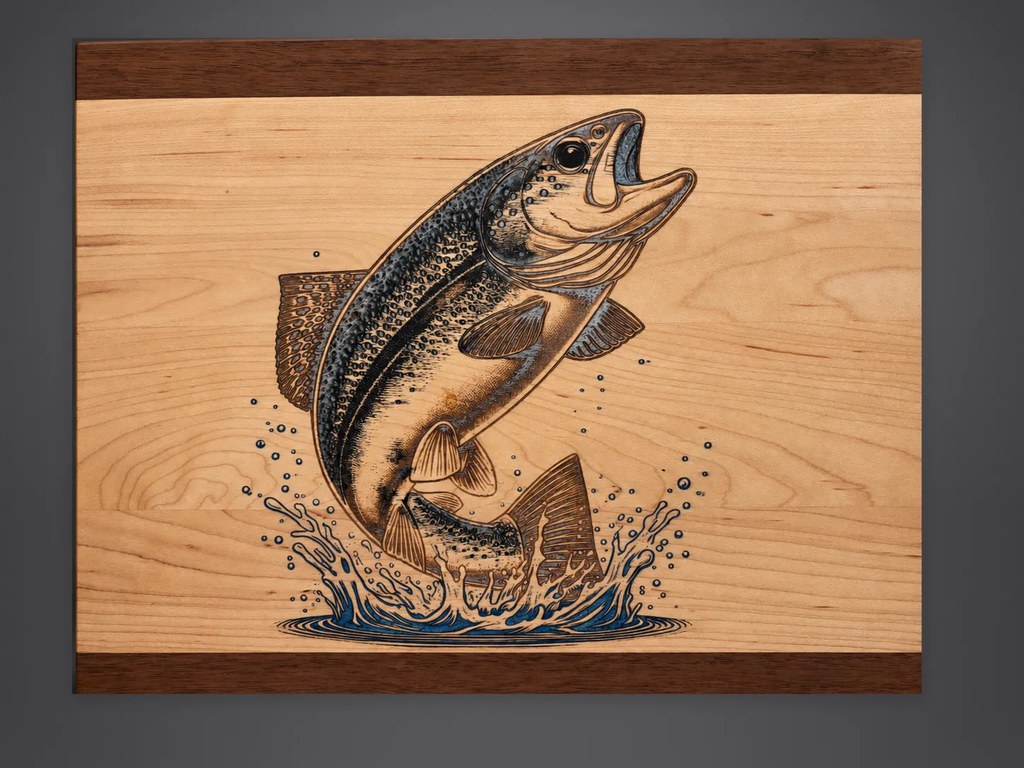 Leaping fish engraving on a custom wood plaque