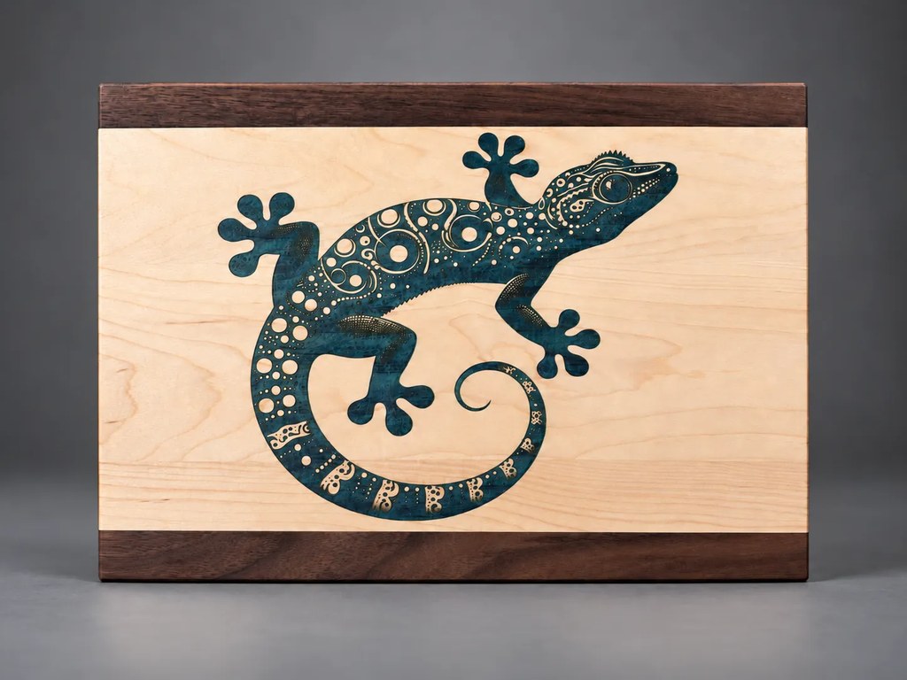 Gecko design engraved on a custom cutting board