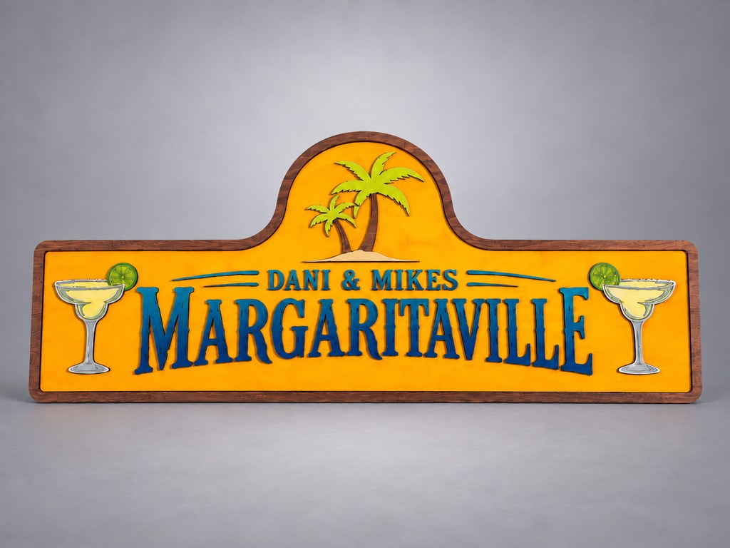 Custom Margaritaville sign with palm trees and cocktail glasses