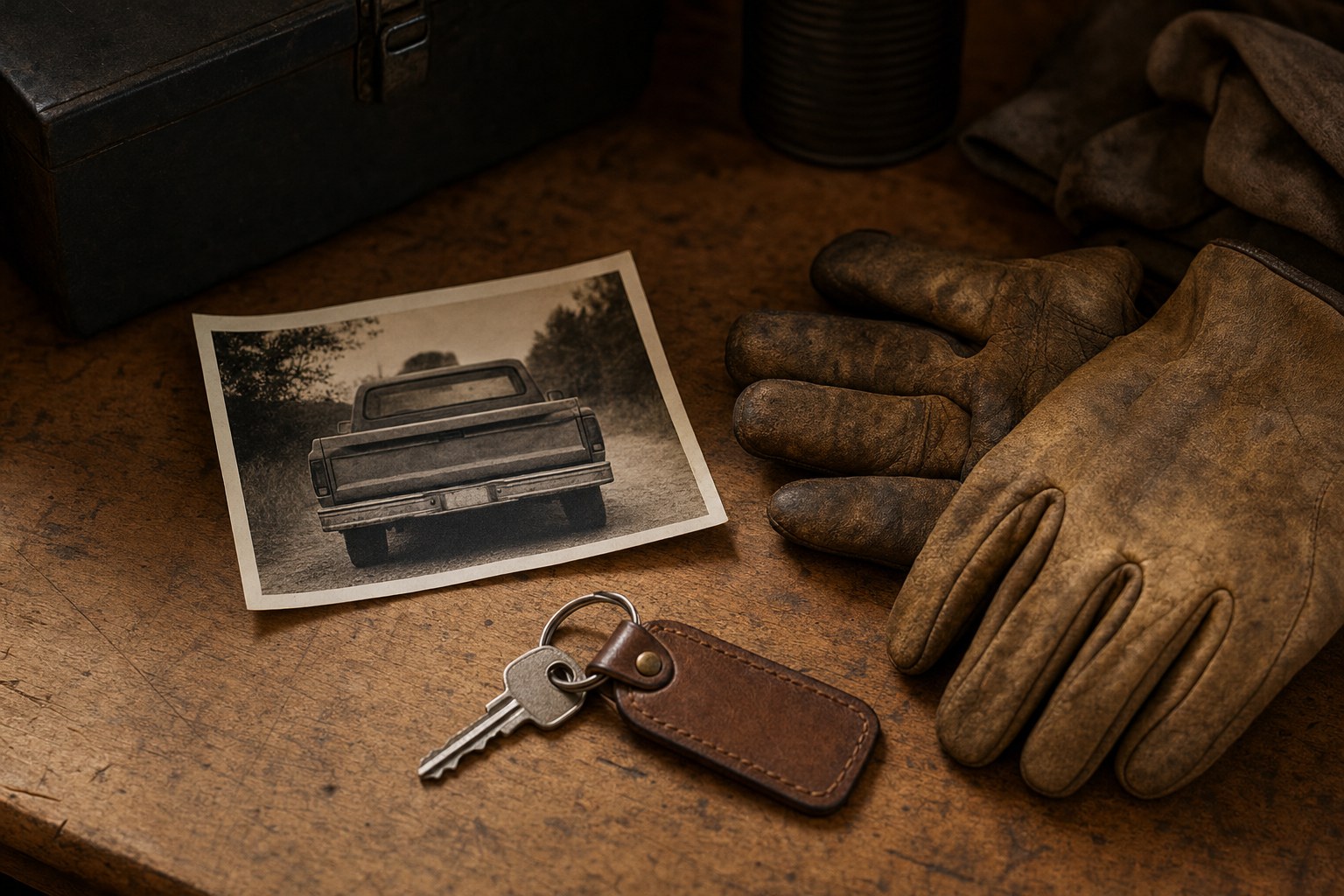 Old truck photograph, key and work gloves on a workshop bench