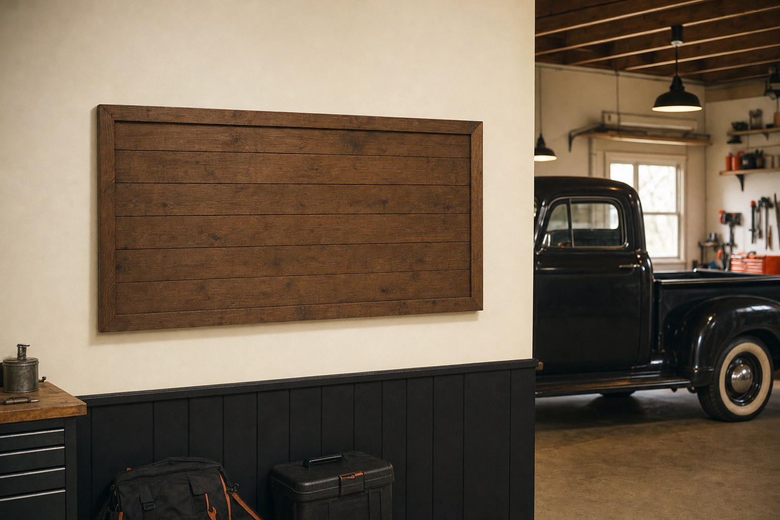 Blank wood display panel in a pickup truck garage