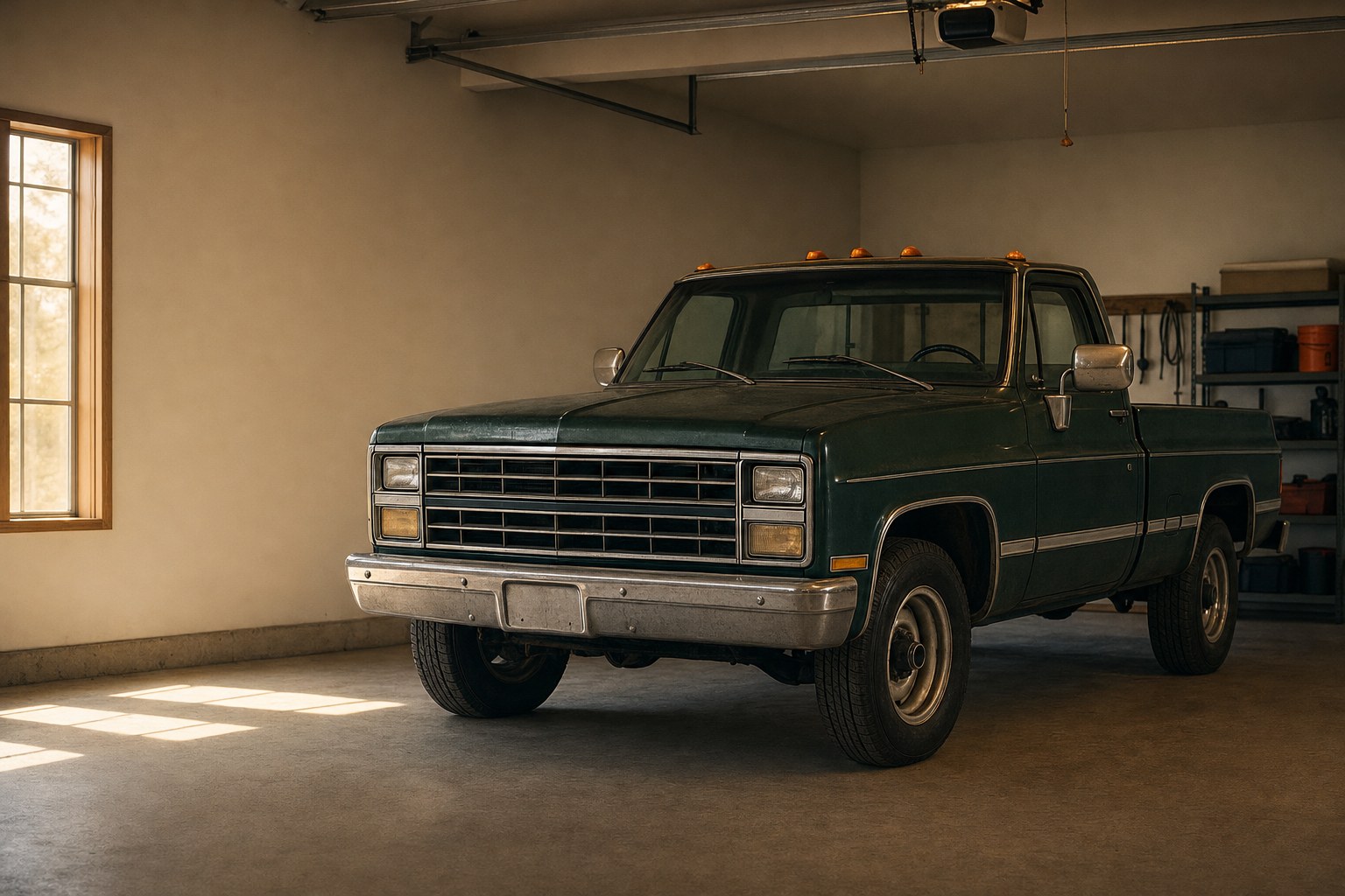 Vintage green pickup truck in a home garage