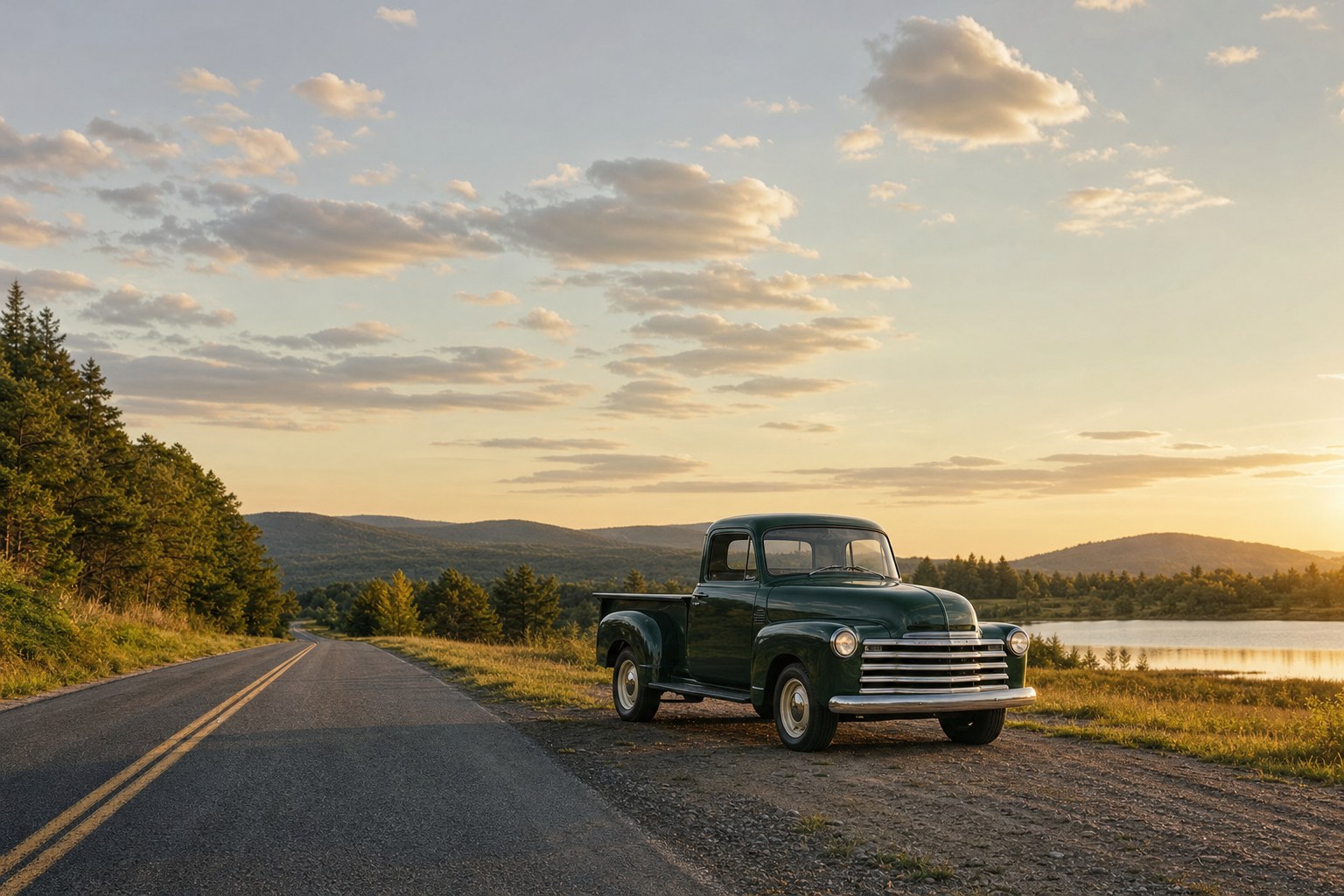 Vintage pickup truck beside a rural road at sunset