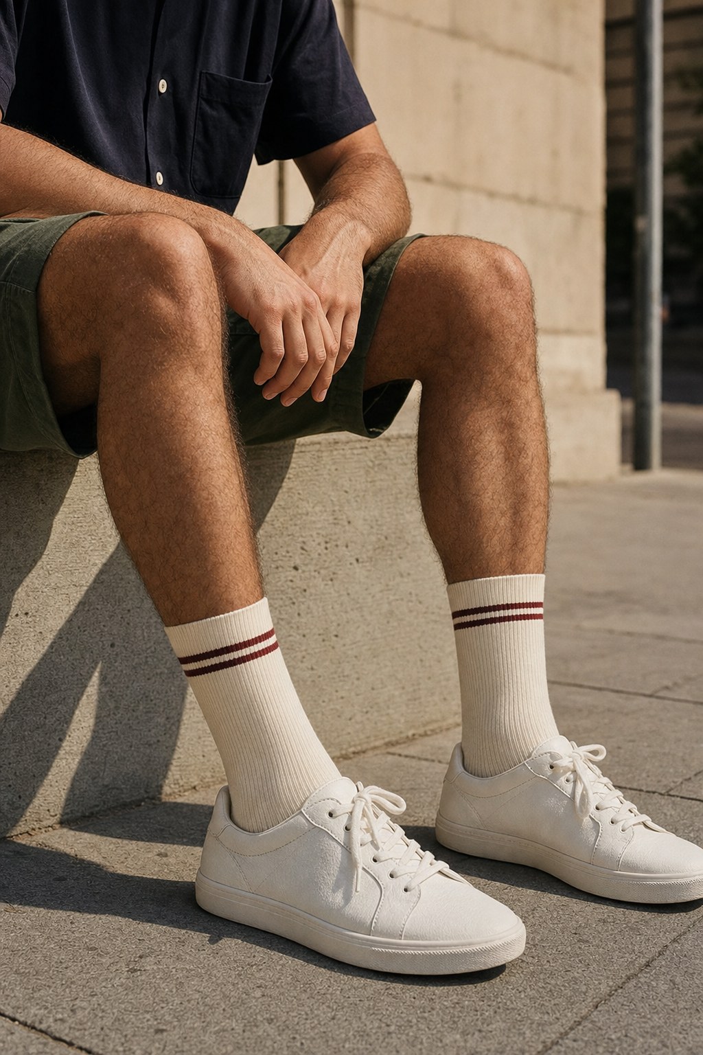 Man wearing ivory crew socks with oxblood stripes, olive shorts, and white sneakers