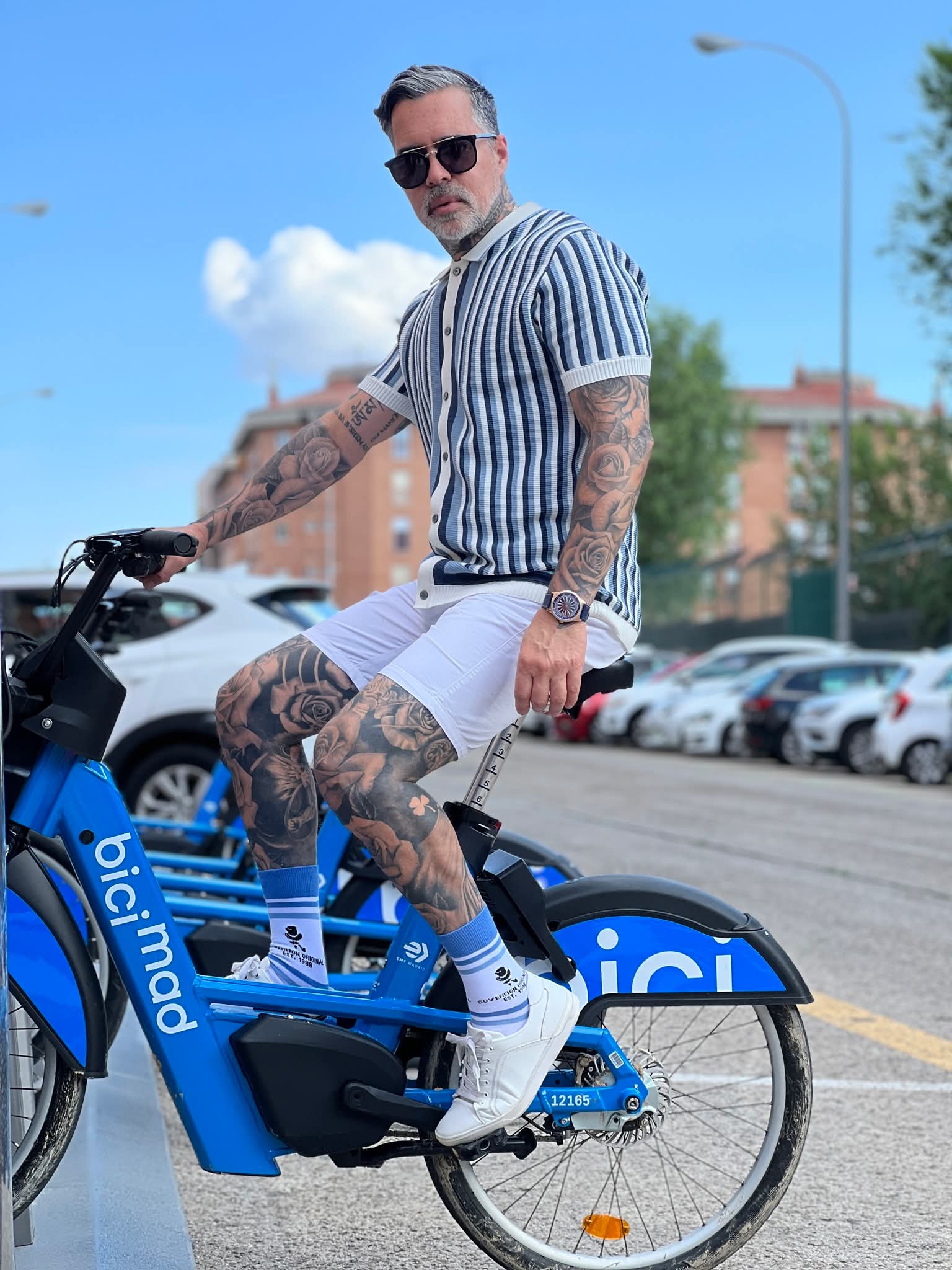 Man wearing Sovereign Original powder-blue striped crew socks