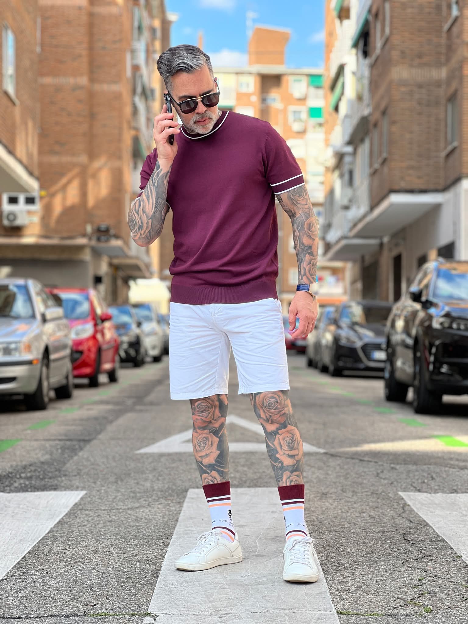 Sovereign Original green-striped socks worn outdoors
