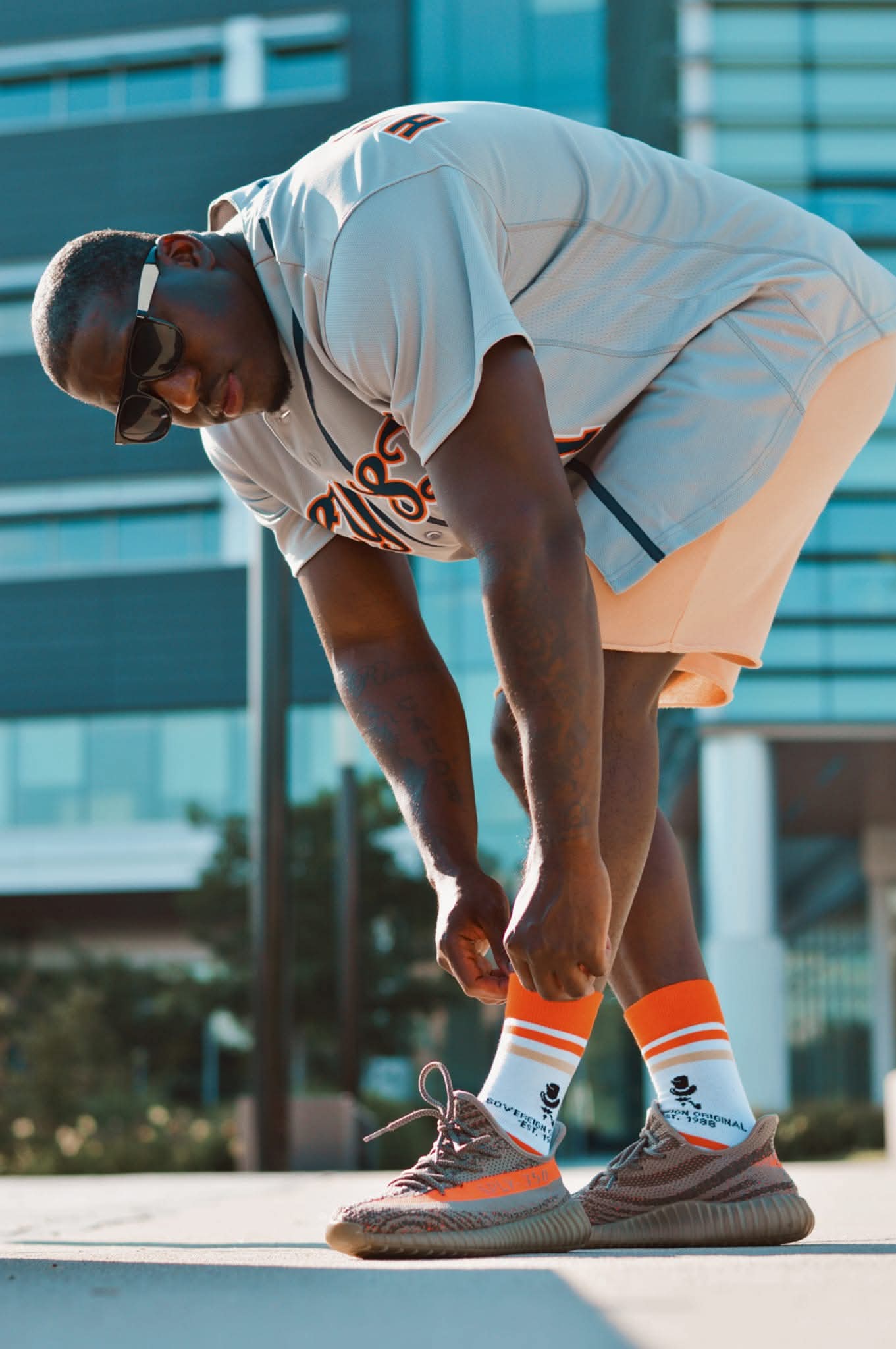 Mint-striped Sovereign Original crew socks worn outdoors