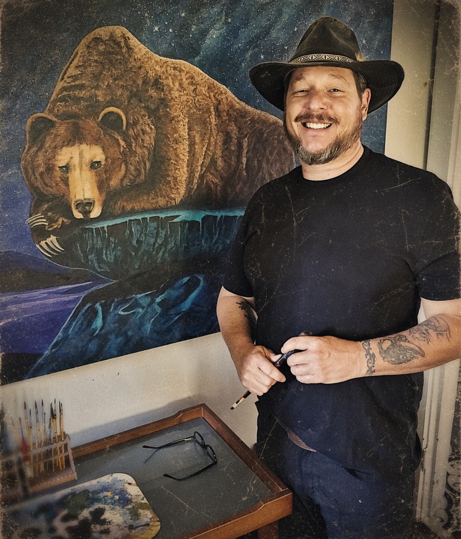 Waylon Christner in his studio beside a bear painting