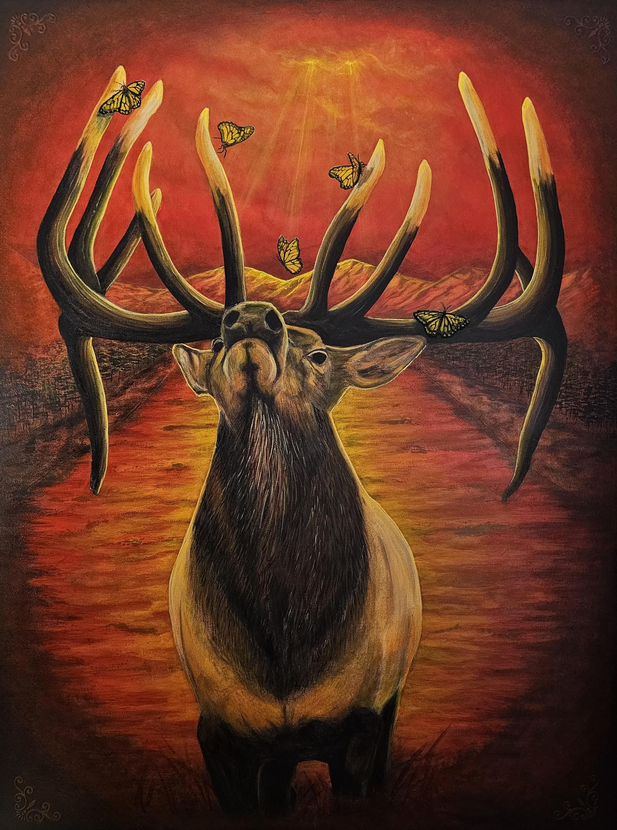 Elk and butterflies in a warm-toned wildlife painting by Waylon Christner