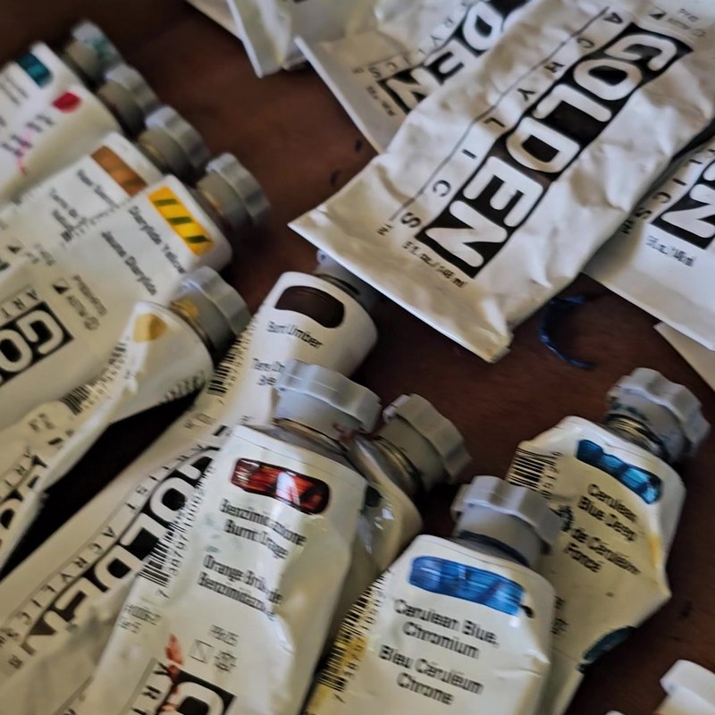 Golden acrylic paints used in Waylon Christner's studio