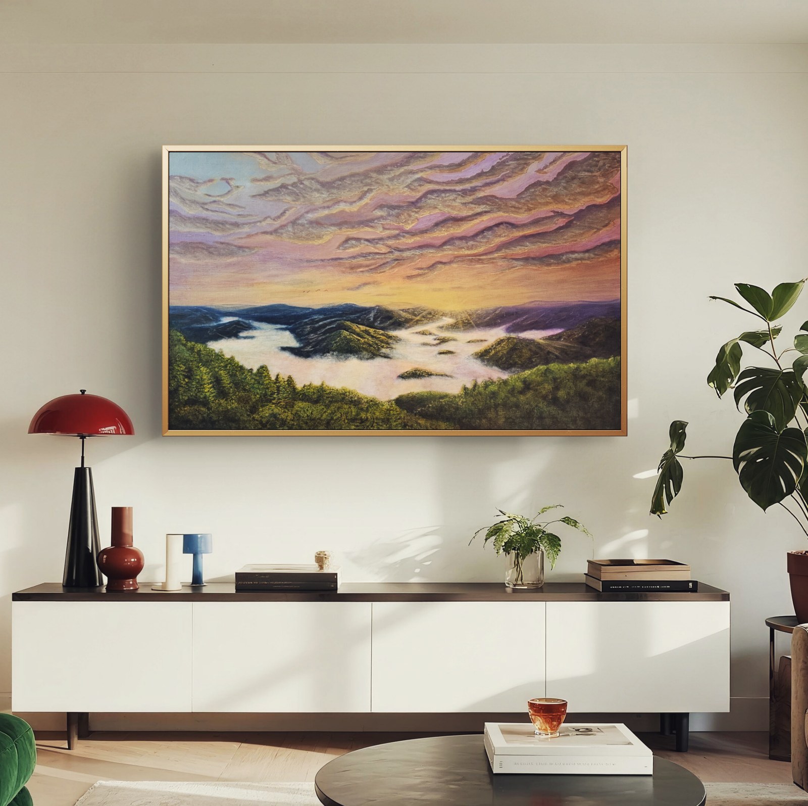 A framed original landscape painting by Waylon Christner displayed in a living room