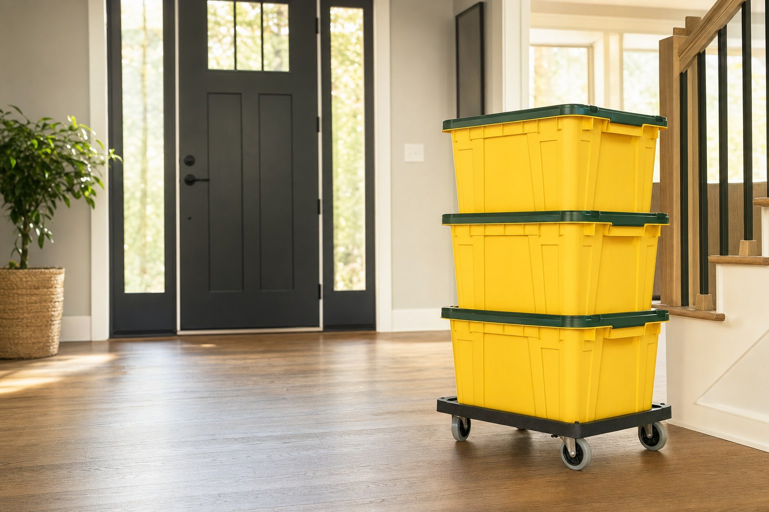 Stack of yellow reusable moving totes on a rolling dolly in a bright home entryway