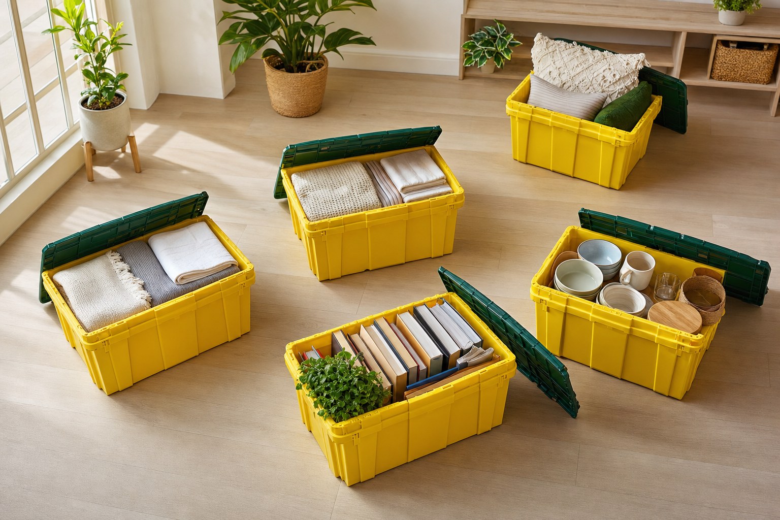 Open yellow reusable totes organized with home items